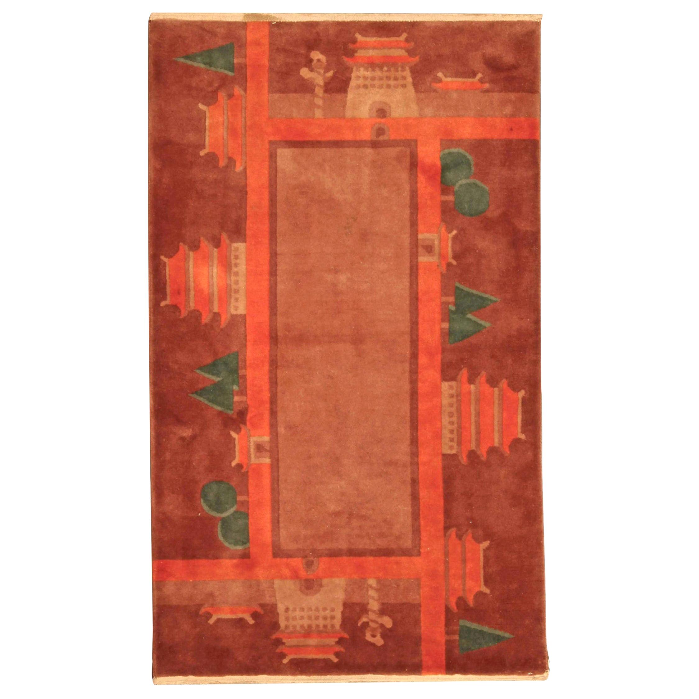 Vintage Green Art Deco Chinese Wool Rug For Sale at 1stDibs