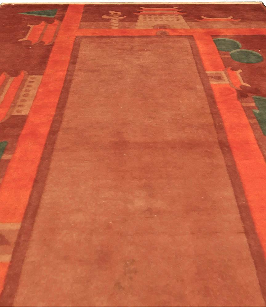 Hand-Woven Vintage Chinese Art Deco Red and Green Rug For Sale