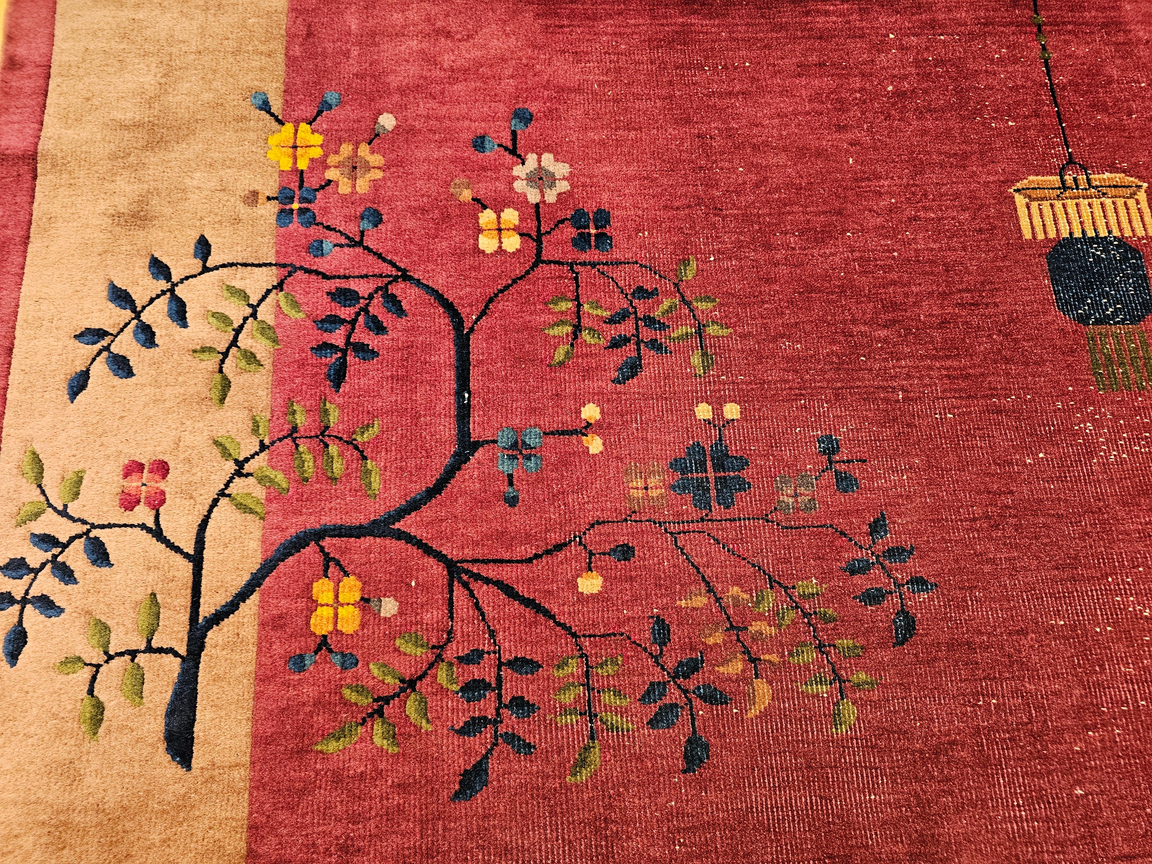 Vintage Chinese Art Deco Room-Size Rug in Dark Magenta, Taupe, Green, Blue, Red For Sale 5