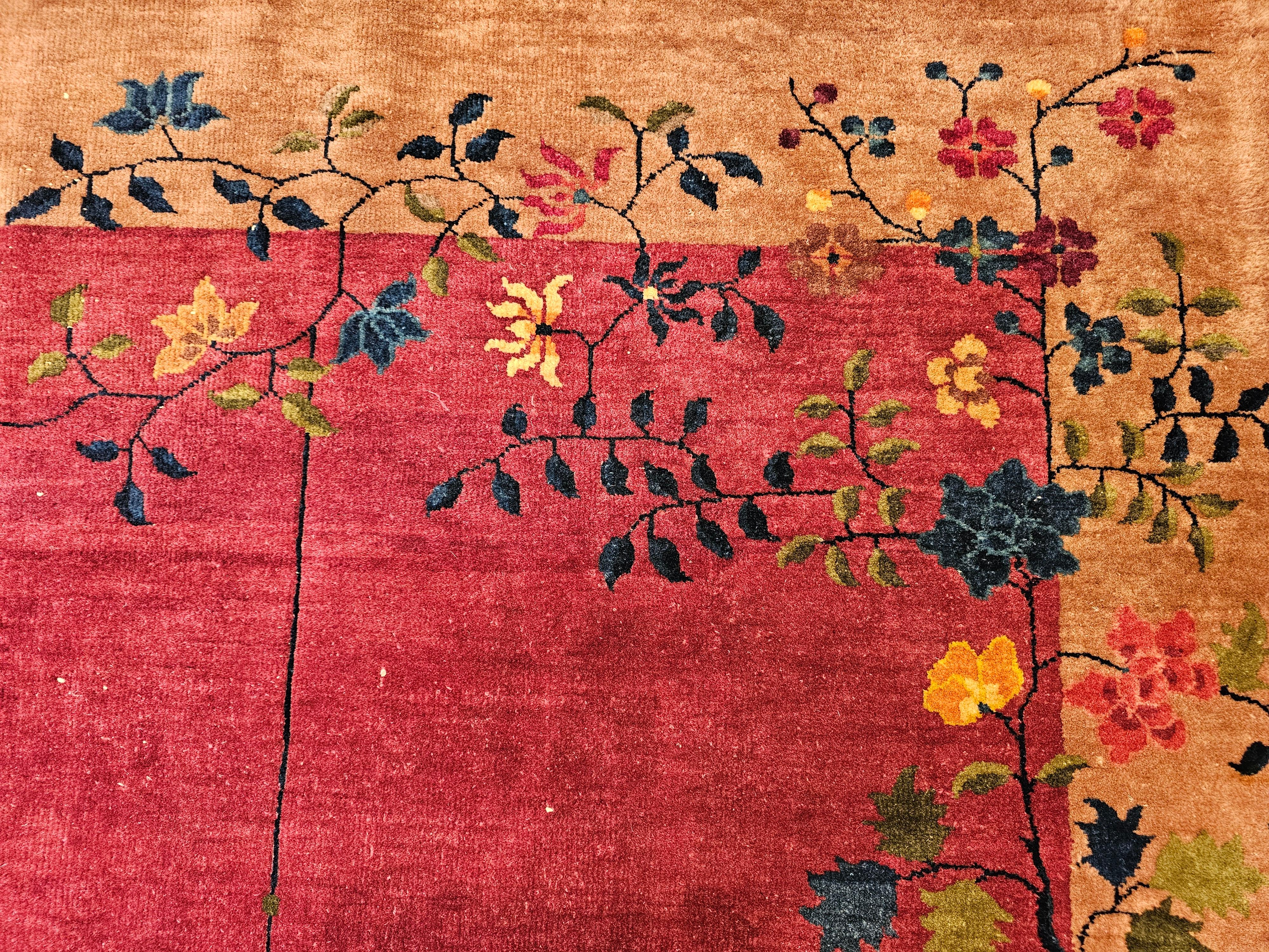 Vintage Chinese Art Deco Room-Size Rug in Dark Magenta, Taupe, Green, Blue, Red For Sale 6