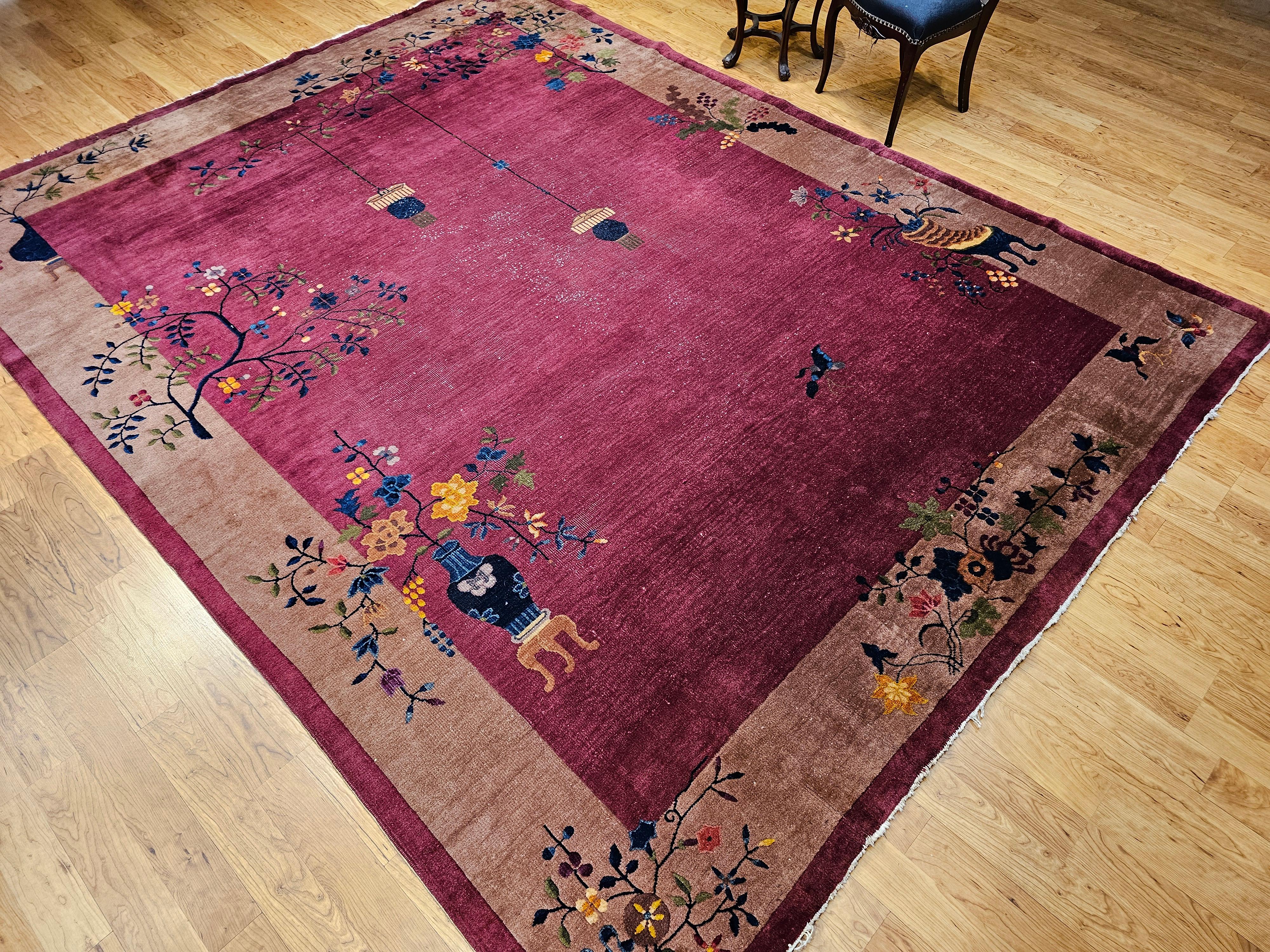Vintage Chinese Art Deco Room-Size Rug in Dark Magenta, Taupe, Green, Blue, Red For Sale 8