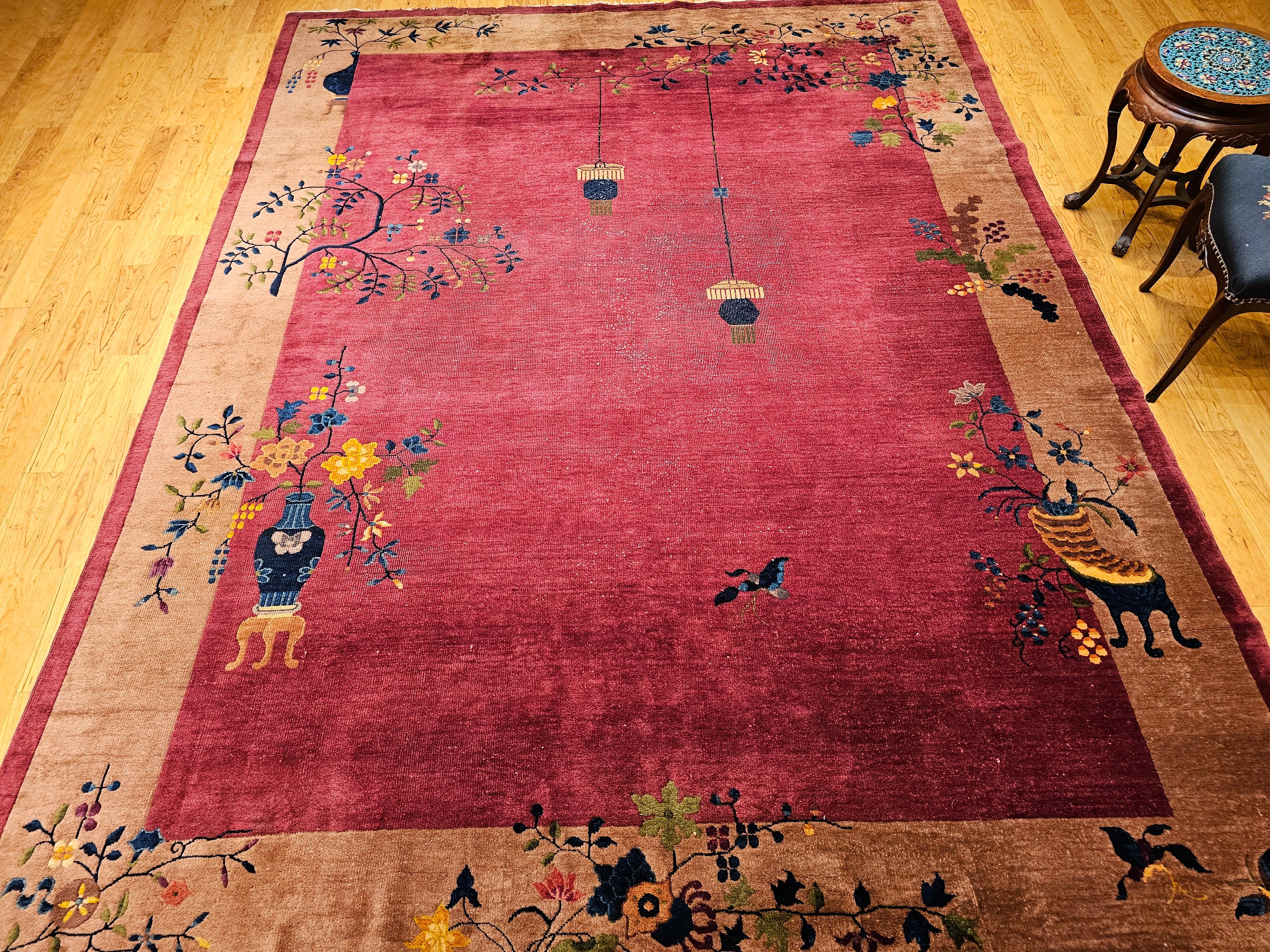 Vintage Chinese Art Deco Room-Size Rug in Dark Magenta, Taupe, Green, Blue, Red For Sale 9