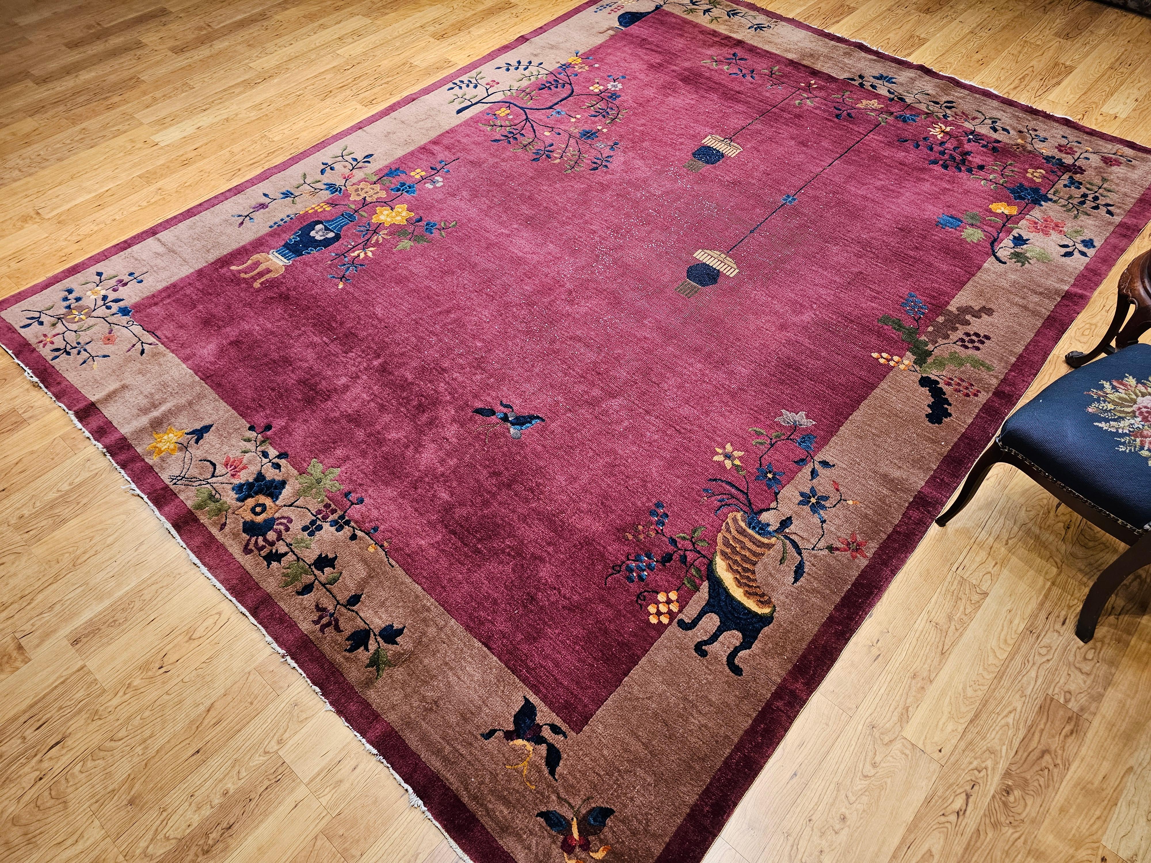 Vintage Chinese Art Deco Room-Size Rug in Dark Magenta, Taupe, Green, Blue, Red For Sale 10