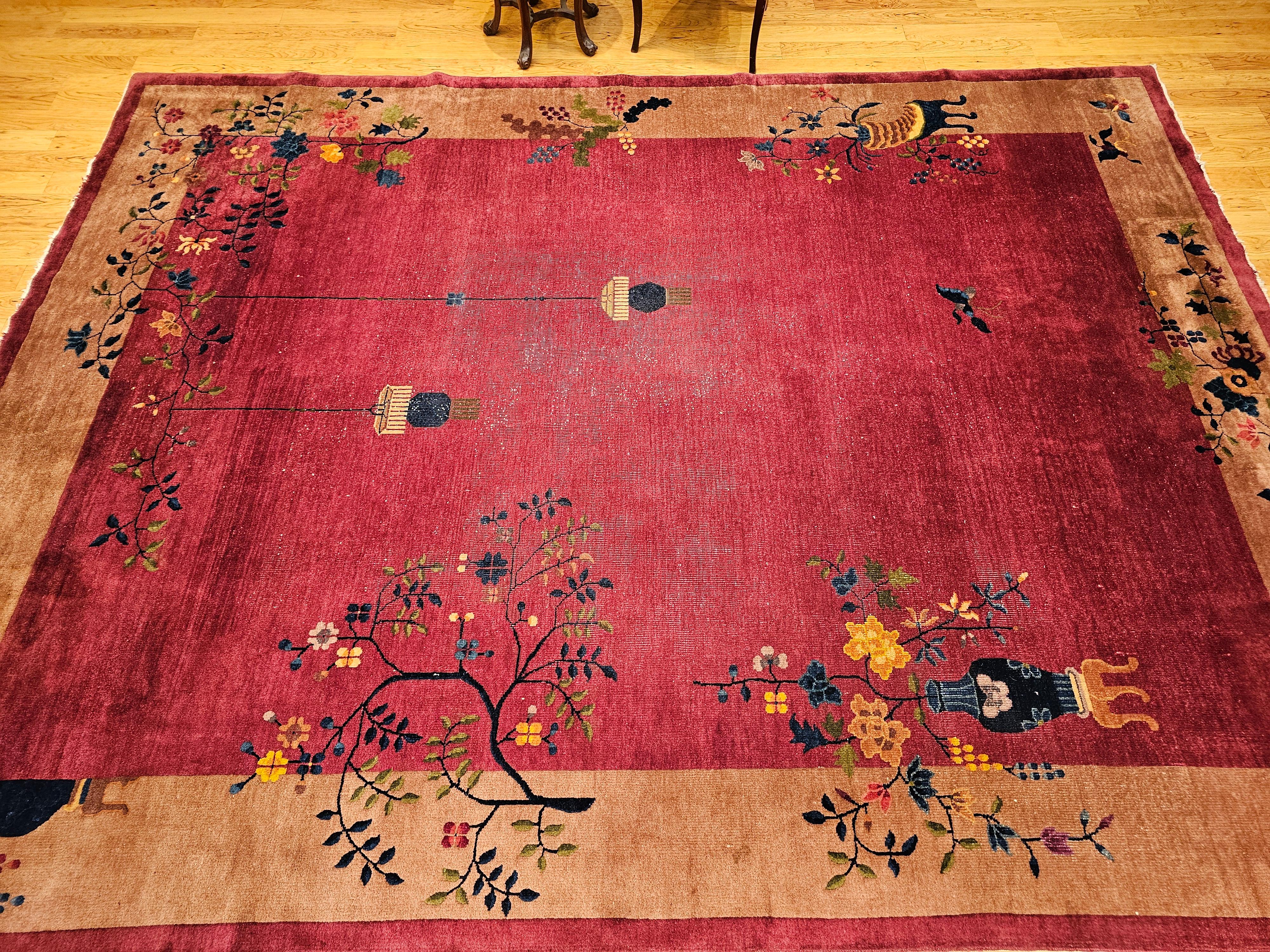 Vintage Chinese Art Deco Room-Size Rug in Dark Magenta, Taupe, Green, Blue, Red For Sale 11