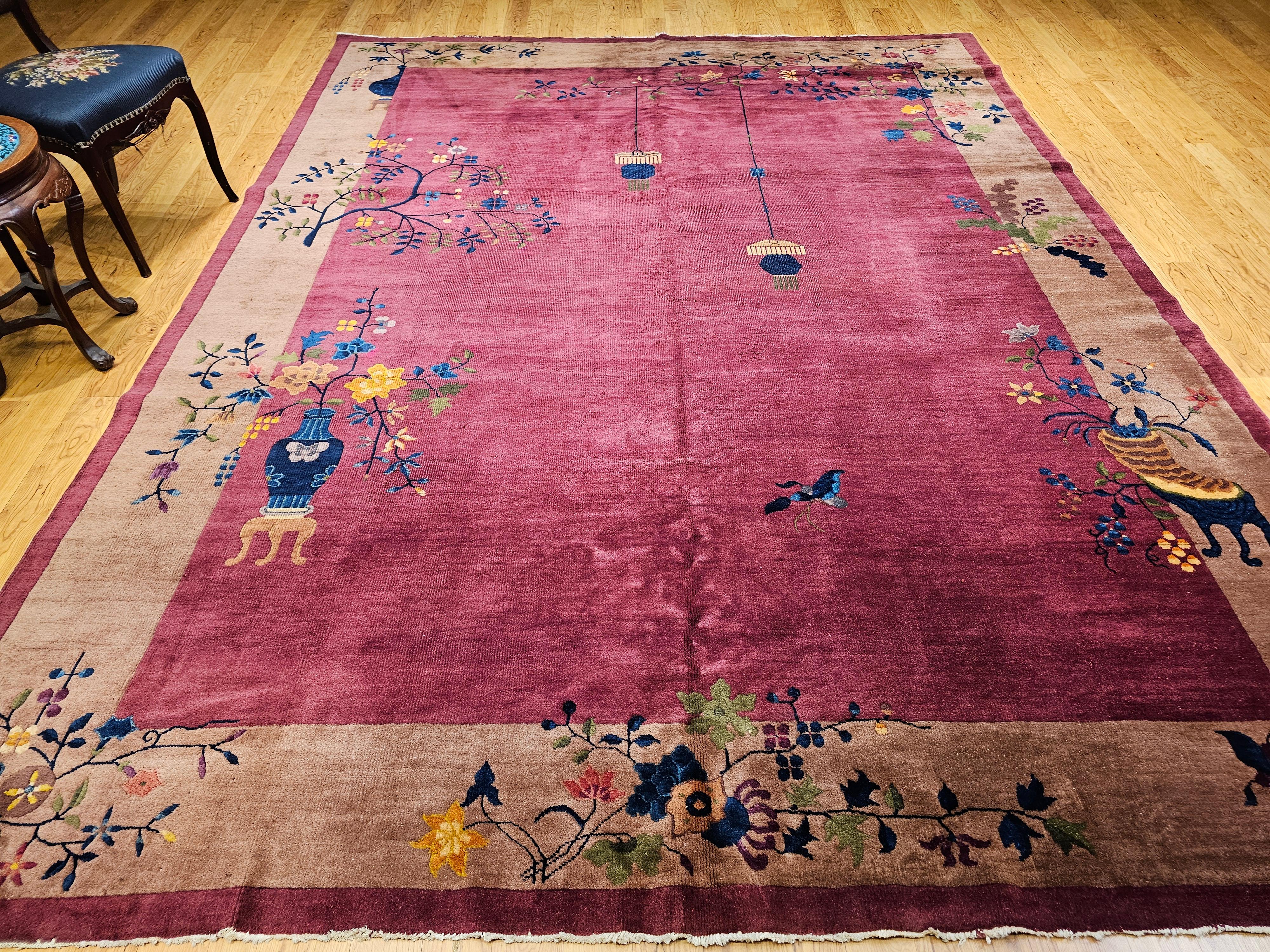 Chinesischer Art-Déco-Teppich in Zimmergröße im Vintage-Stil in Dunkel- Magenta, Taupe, Grün, Blau, Rot im Angebot 12