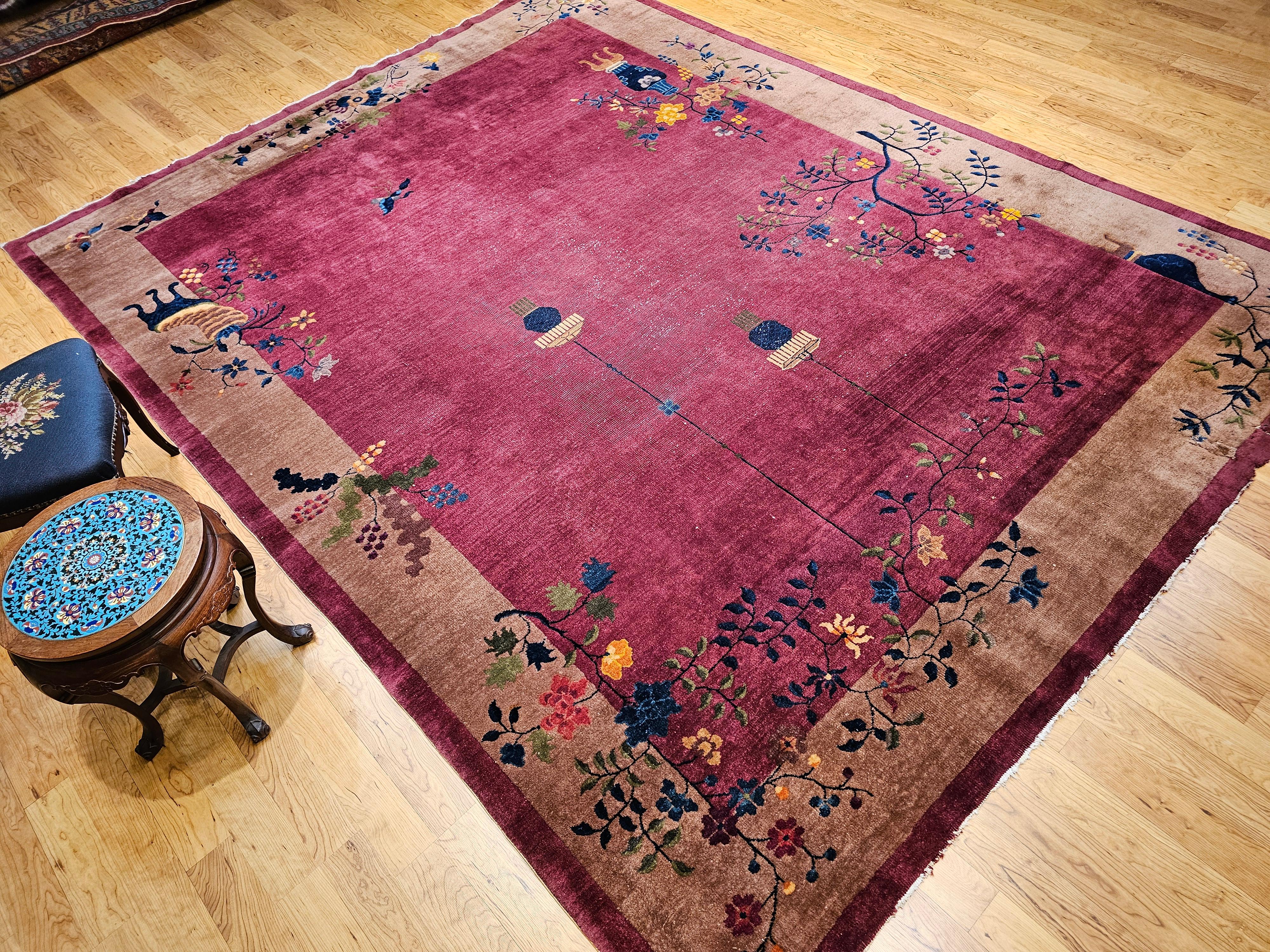 Vintage Chinese Art Deco Room-Size Rug in Dark Magenta, Taupe, Green, Blue, Red For Sale 12