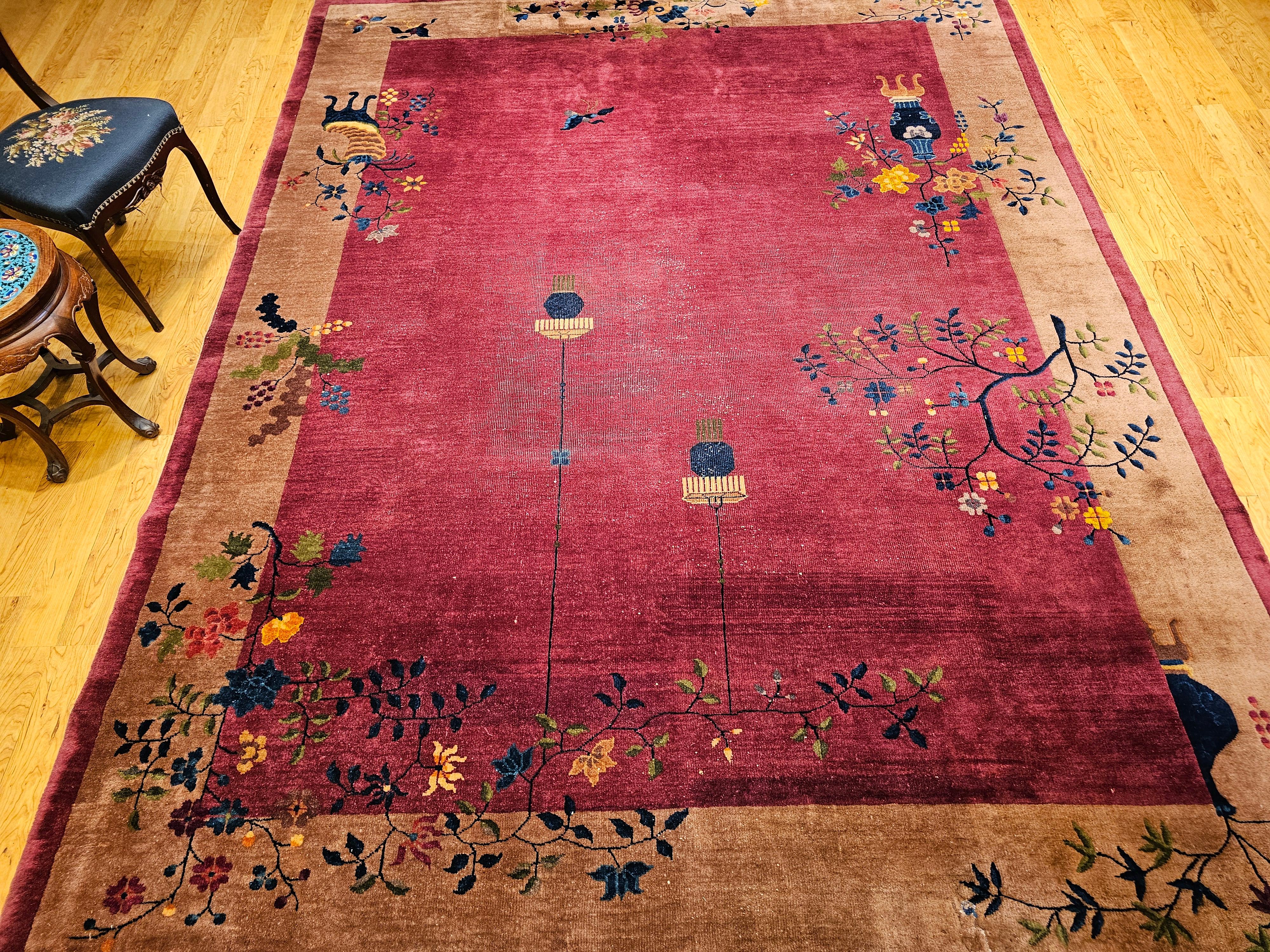 Vintage Chinese Art Deco Room-Size Rug in Dark Magenta, Taupe, Green, Blue, Red For Sale 13