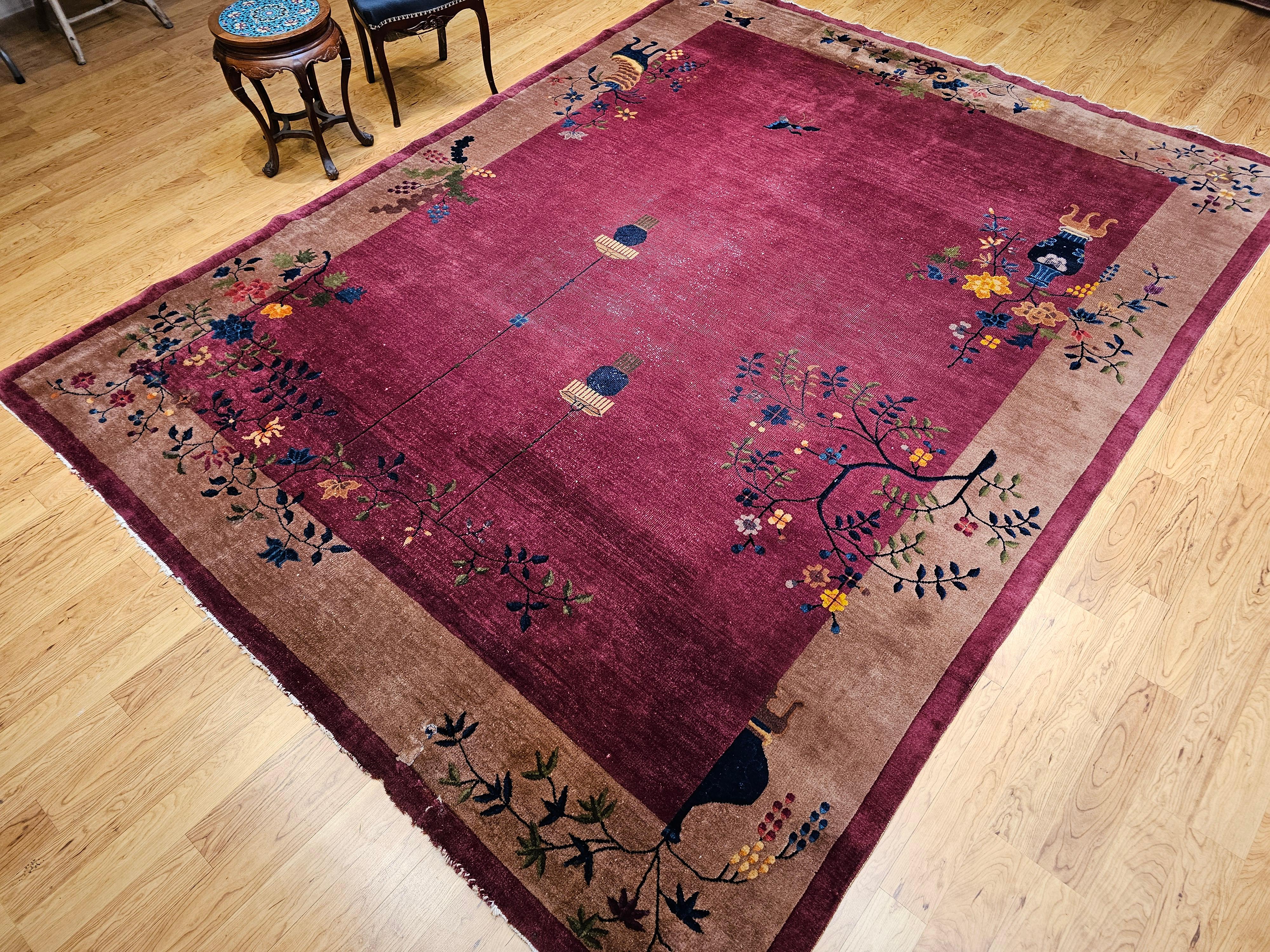 Vintage Chinese Art Deco Room-Size Rug in Dark Magenta, Taupe, Green, Blue, Red For Sale 14
