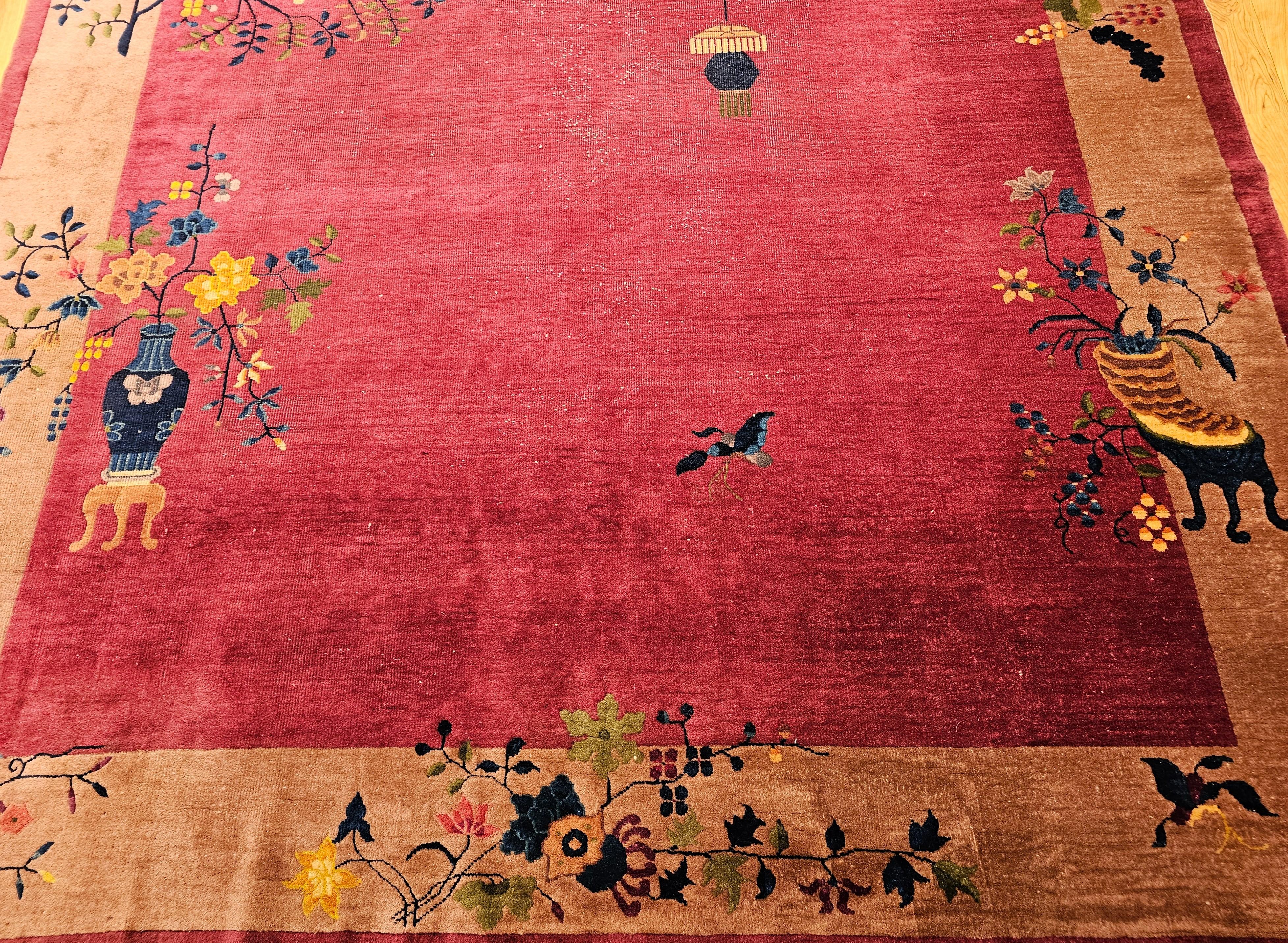 Hand-Woven Vintage Chinese Art Deco Room-Size Rug in Dark Magenta, Taupe, Green, Blue, Red For Sale