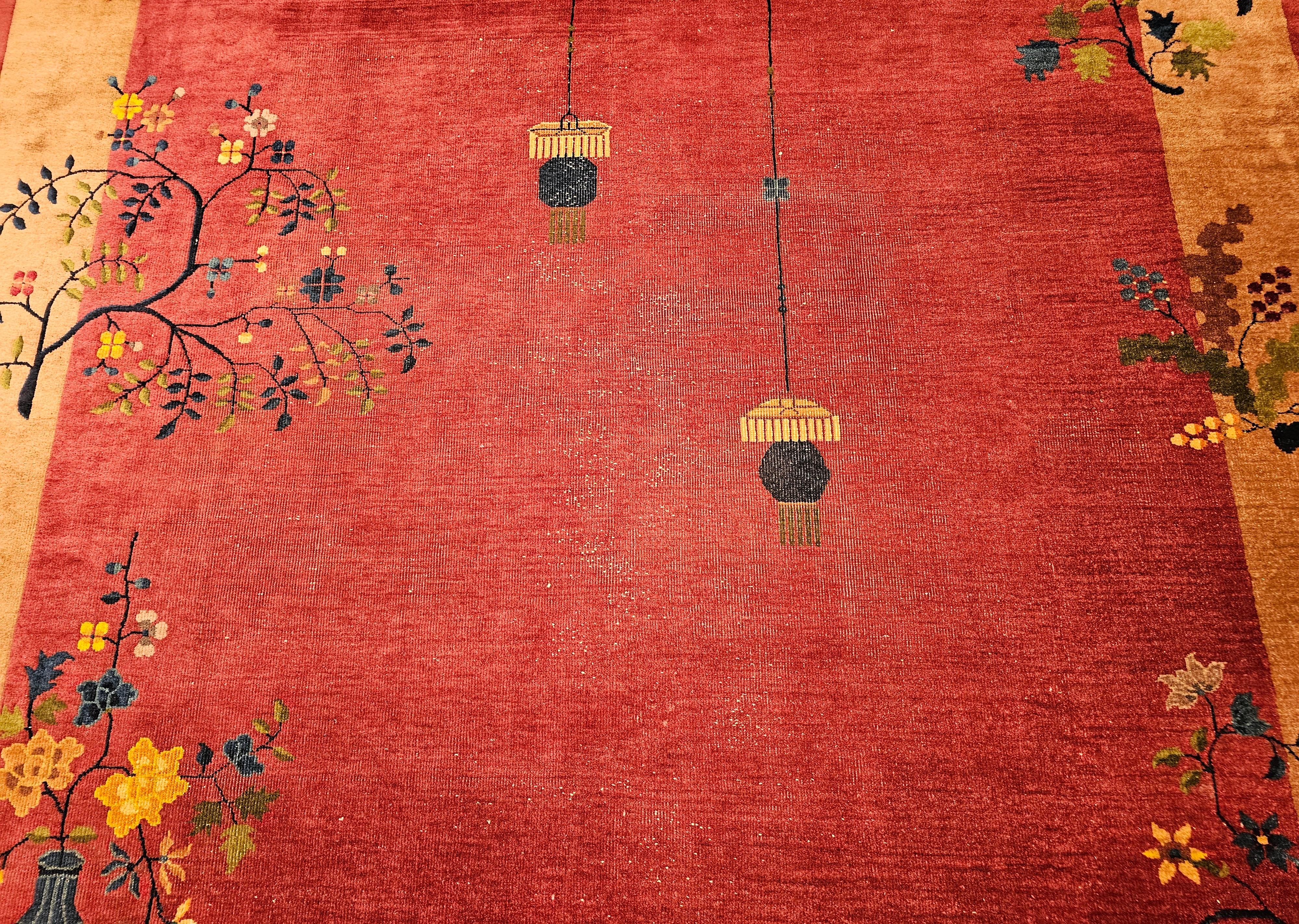 Vintage Chinese Art Deco Room-Size Rug in Dark Magenta, Taupe, Green, Blue, Red In Good Condition For Sale In Barrington, IL