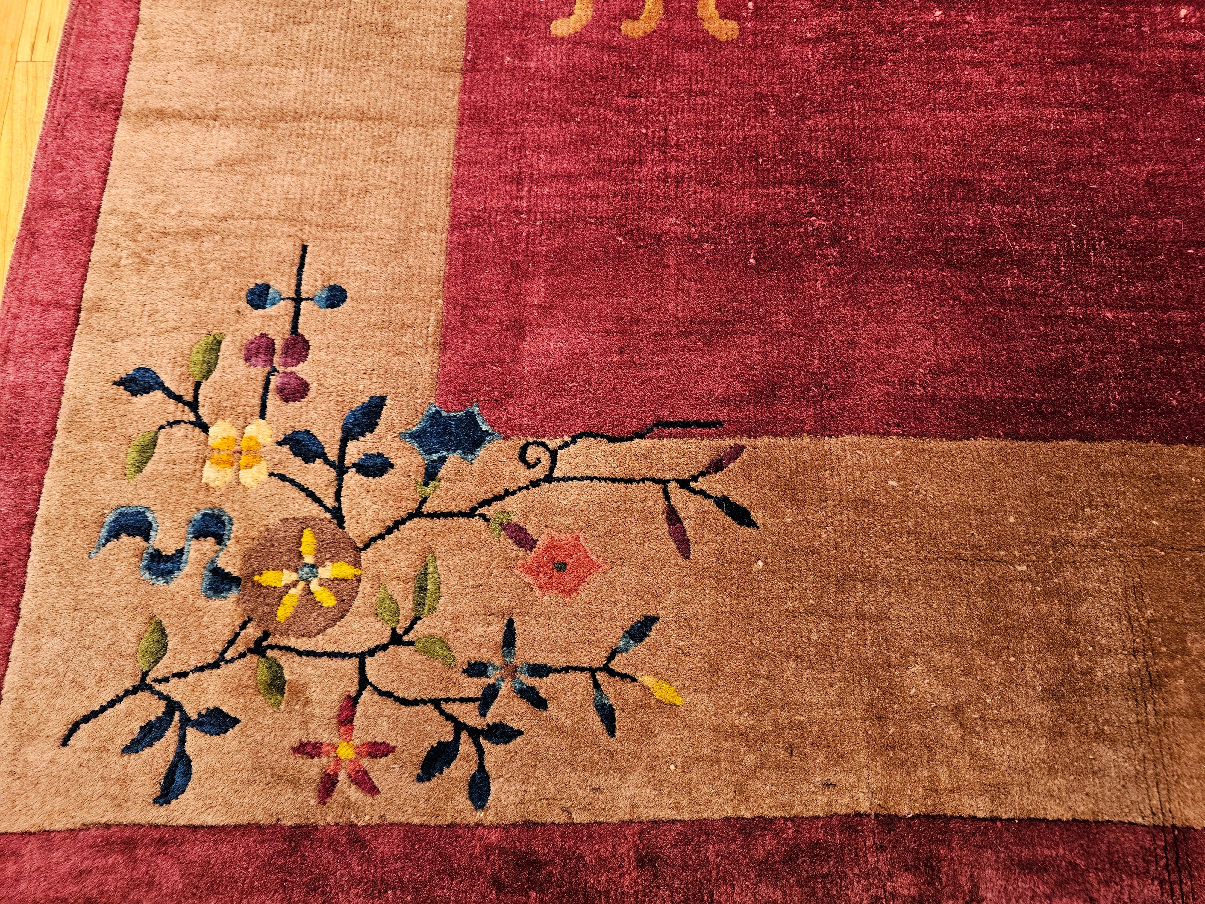 Vintage Chinese Art Deco Room-Size Rug in Dark Magenta, Taupe, Green, Blue, Red For Sale 1