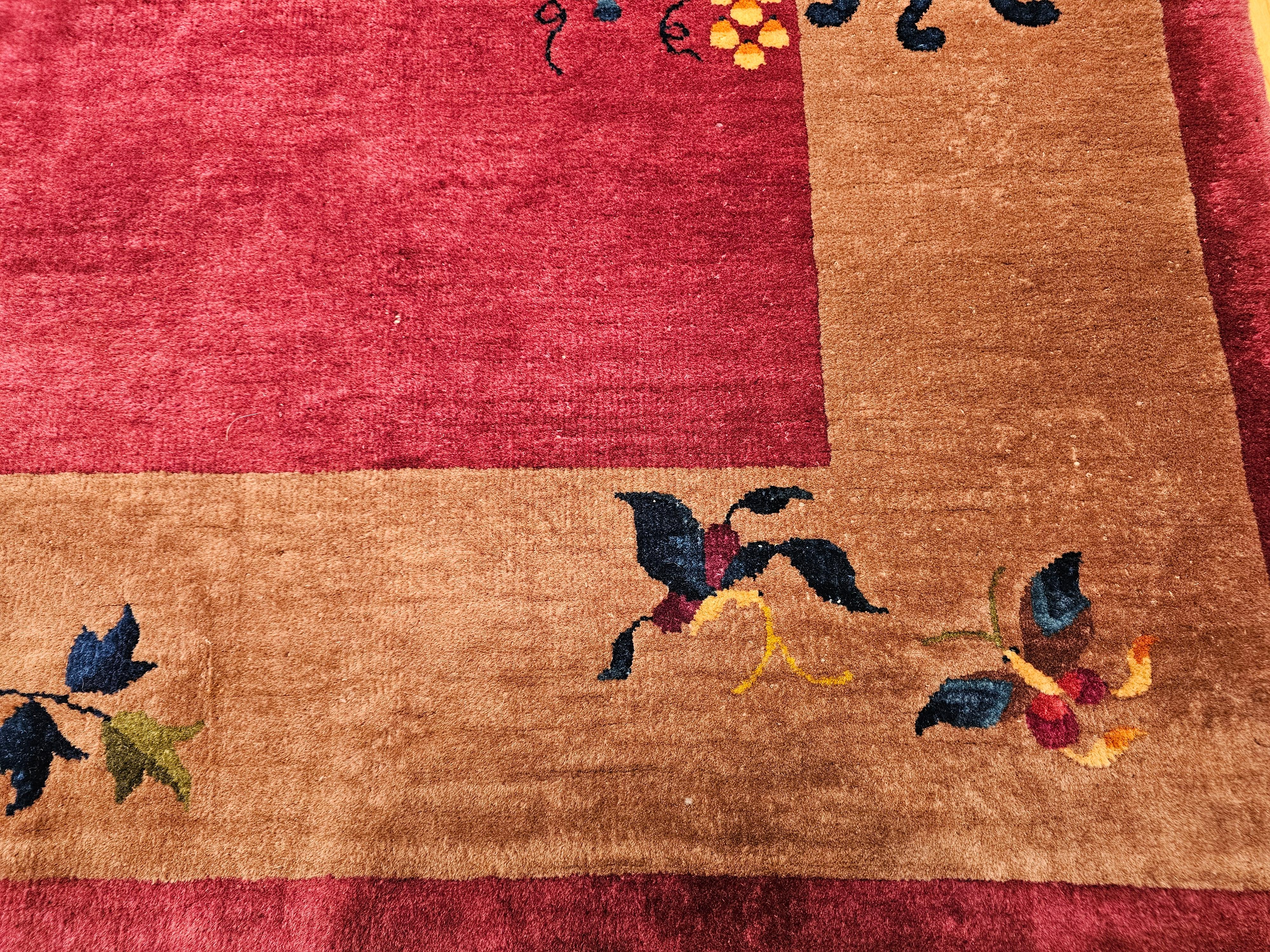 Vintage Chinese Art Deco Room-Size Rug in Dark Magenta, Taupe, Green, Blue, Red For Sale 3
