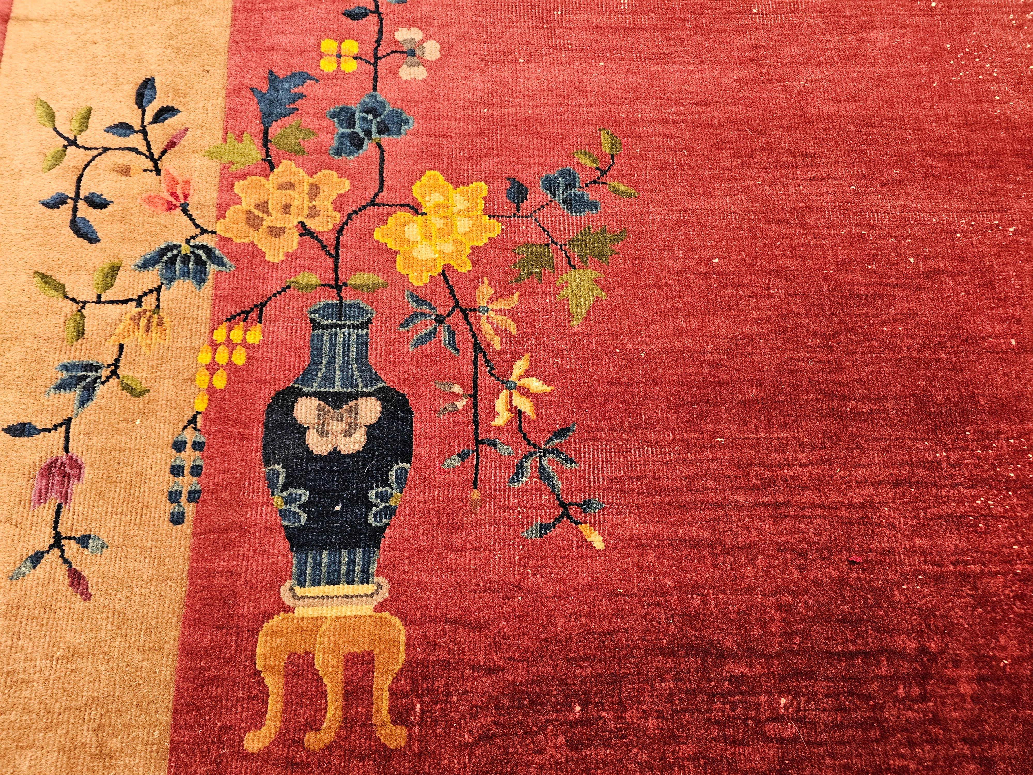 Vintage Chinese Art Deco Room-Size Rug in Dark Magenta, Taupe, Green, Blue, Red For Sale 4