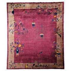 Alfombra china Art Decó vintage de tamaño de habitación en magenta oscuro, topo, verde, azul y rojo