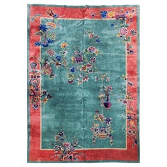 Used Chinese Art Deco Room Size Rug in Floral Pattern in Green, blue, Pink