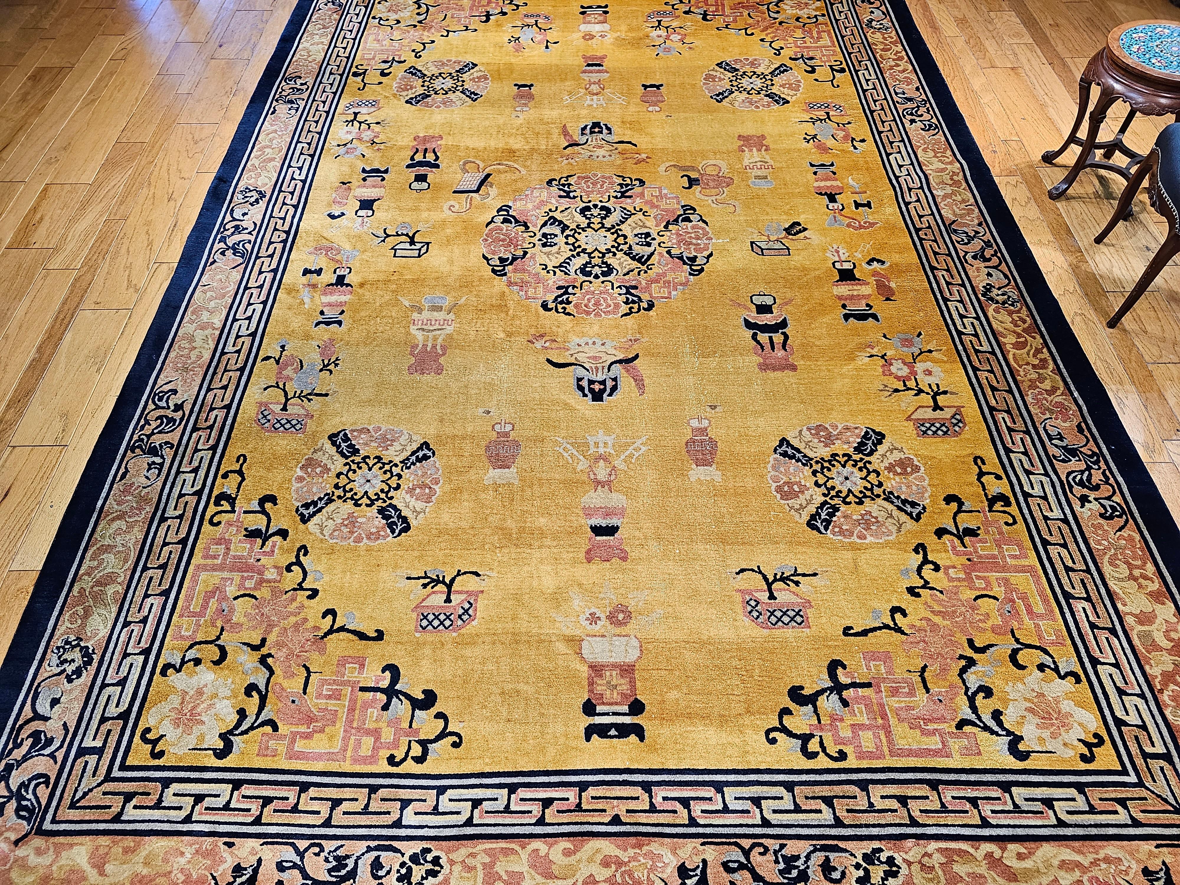 Vintage Chinese Art Deco Room Size Rug  in Pale Yellow, Pink, Baby Blue, Navy For Sale 5