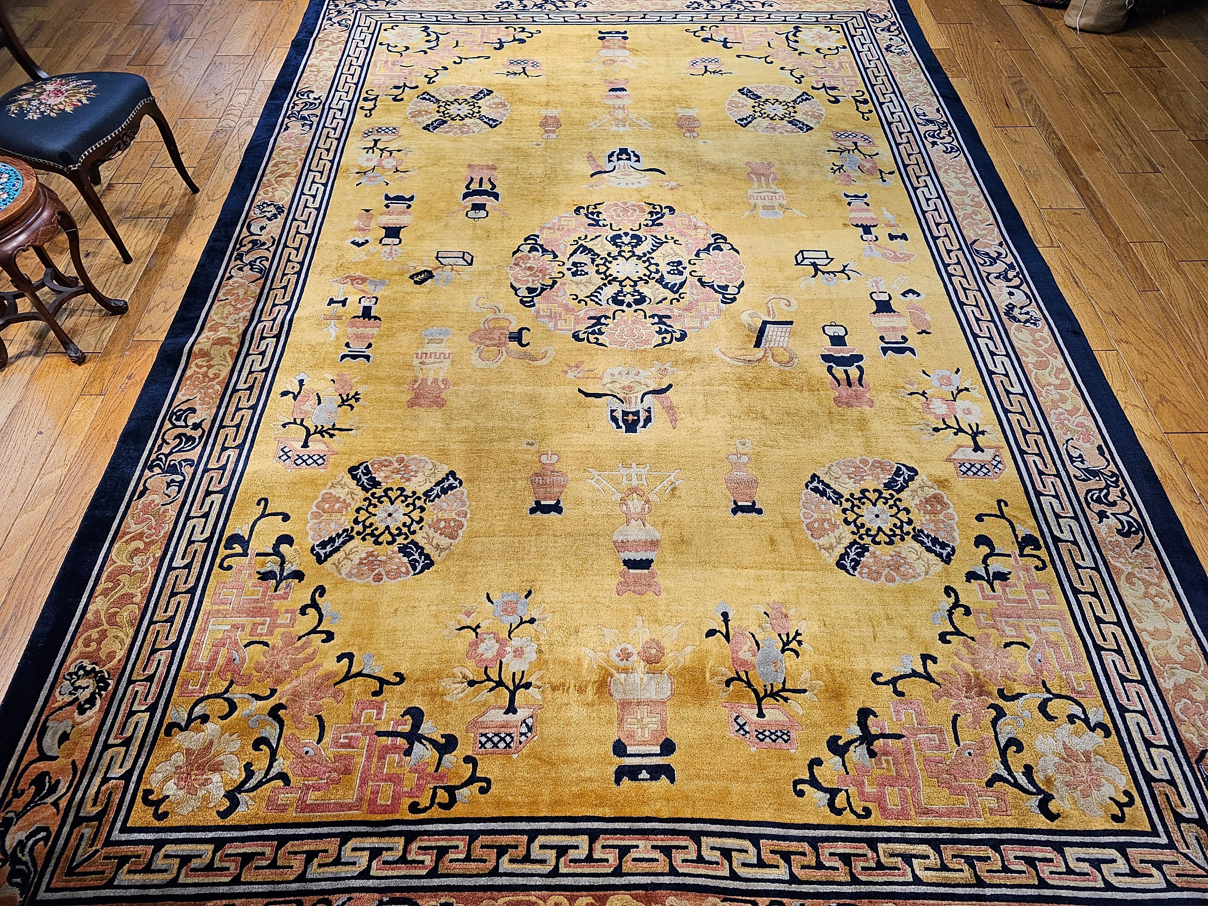 Vintage Chinese Art Deco Room Size Rug  in Pale Yellow, Pink, Baby Blue, Navy For Sale 8