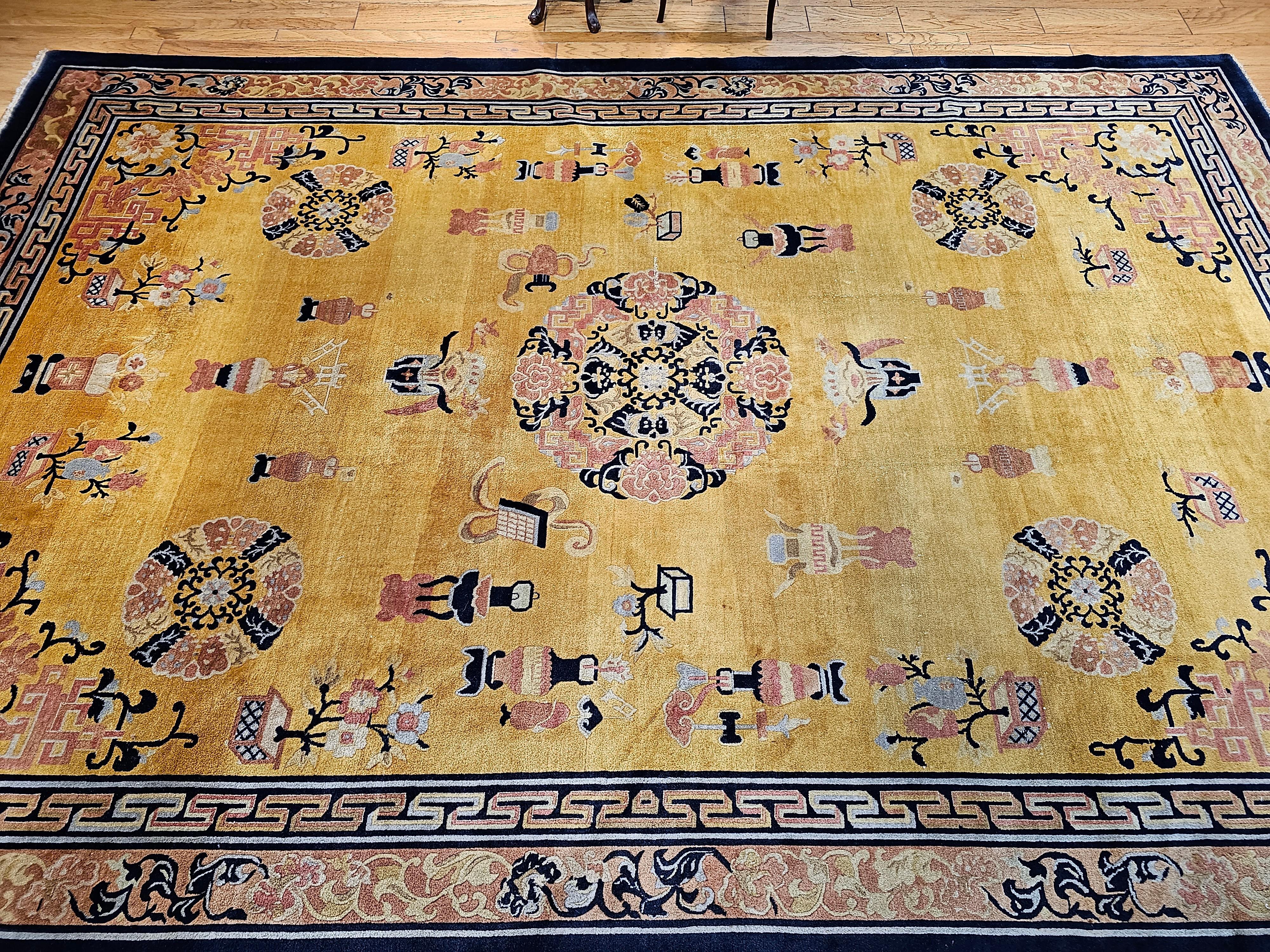 Vintage Chinese Art Deco Room Size Rug  in Pale Yellow, Pink, Baby Blue, Navy For Sale 10