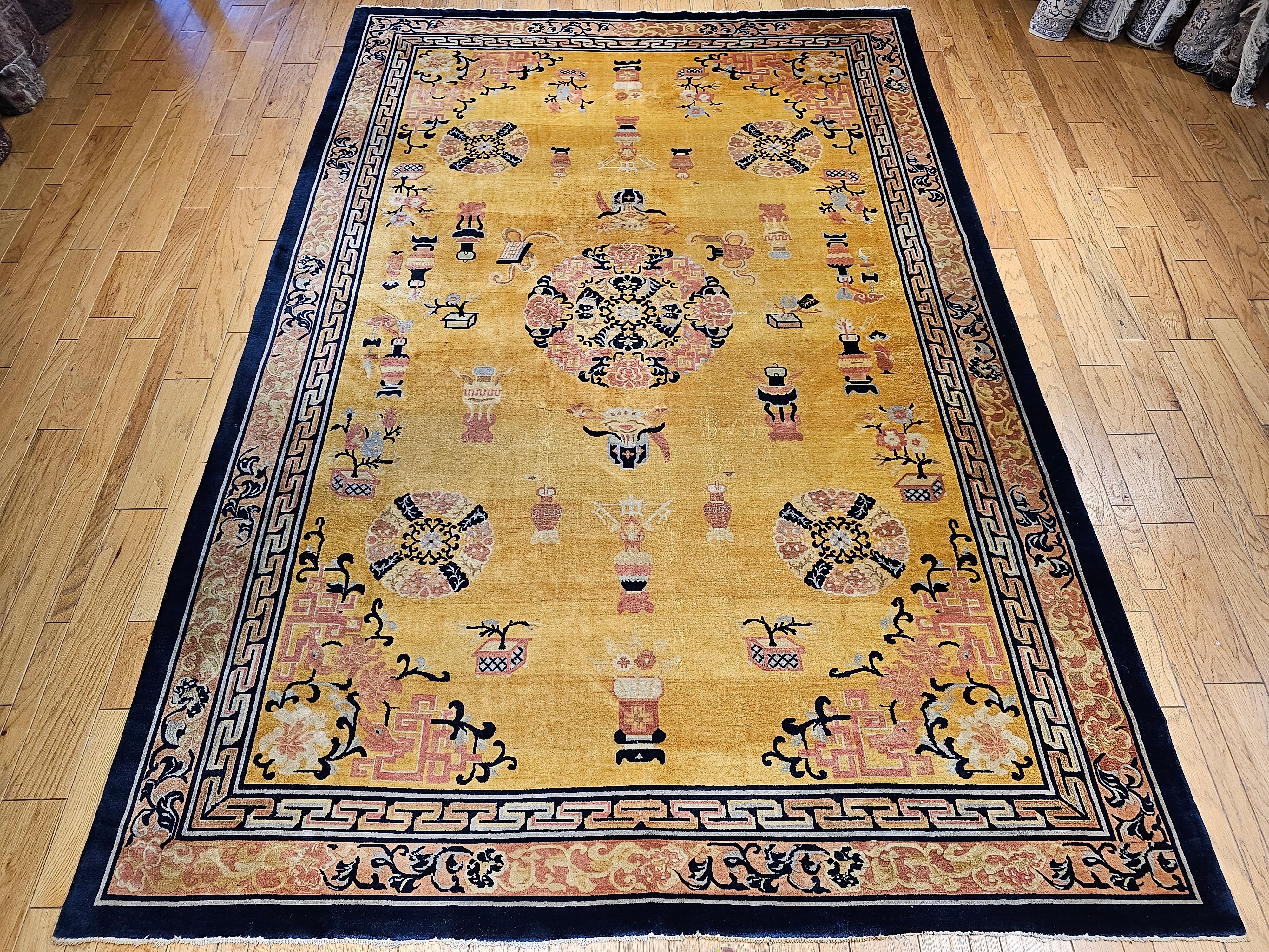 An extremely rare Art Deco Chinese Rug in pastel or pale yellow color.  Breathtakingly Beautiful! The rug has a collection of Chinese traditional symbols for life, happiness, and long life.  The design forms include potted plants, incense burners,