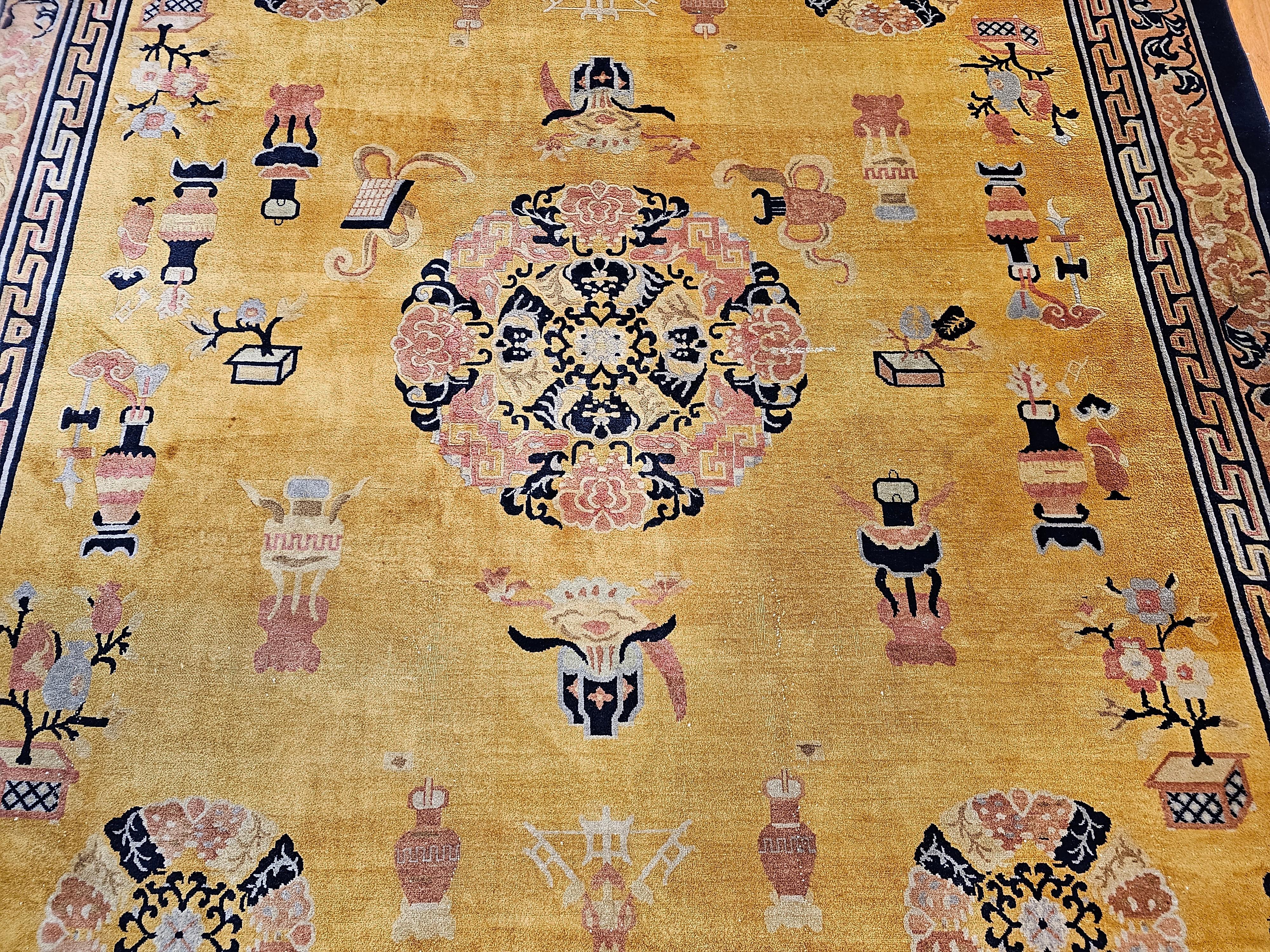 Hand-Woven Vintage Chinese Art Deco Room Size Rug  in Pale Yellow, Pink, Baby Blue, Navy For Sale