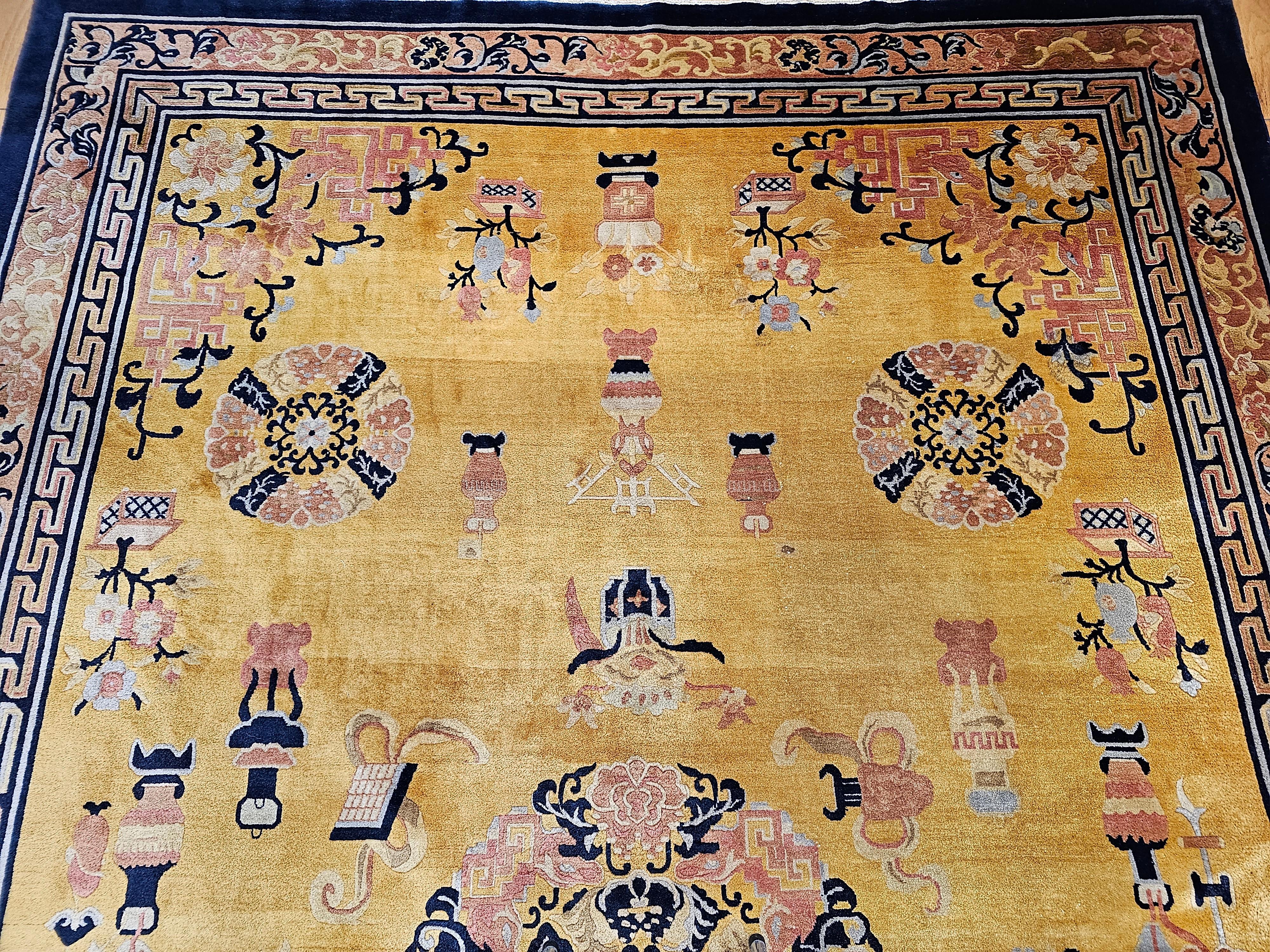 Vintage Chinese Art Deco Room Size Rug  in Pale Yellow, Pink, Baby Blue, Navy In Good Condition For Sale In Barrington, IL