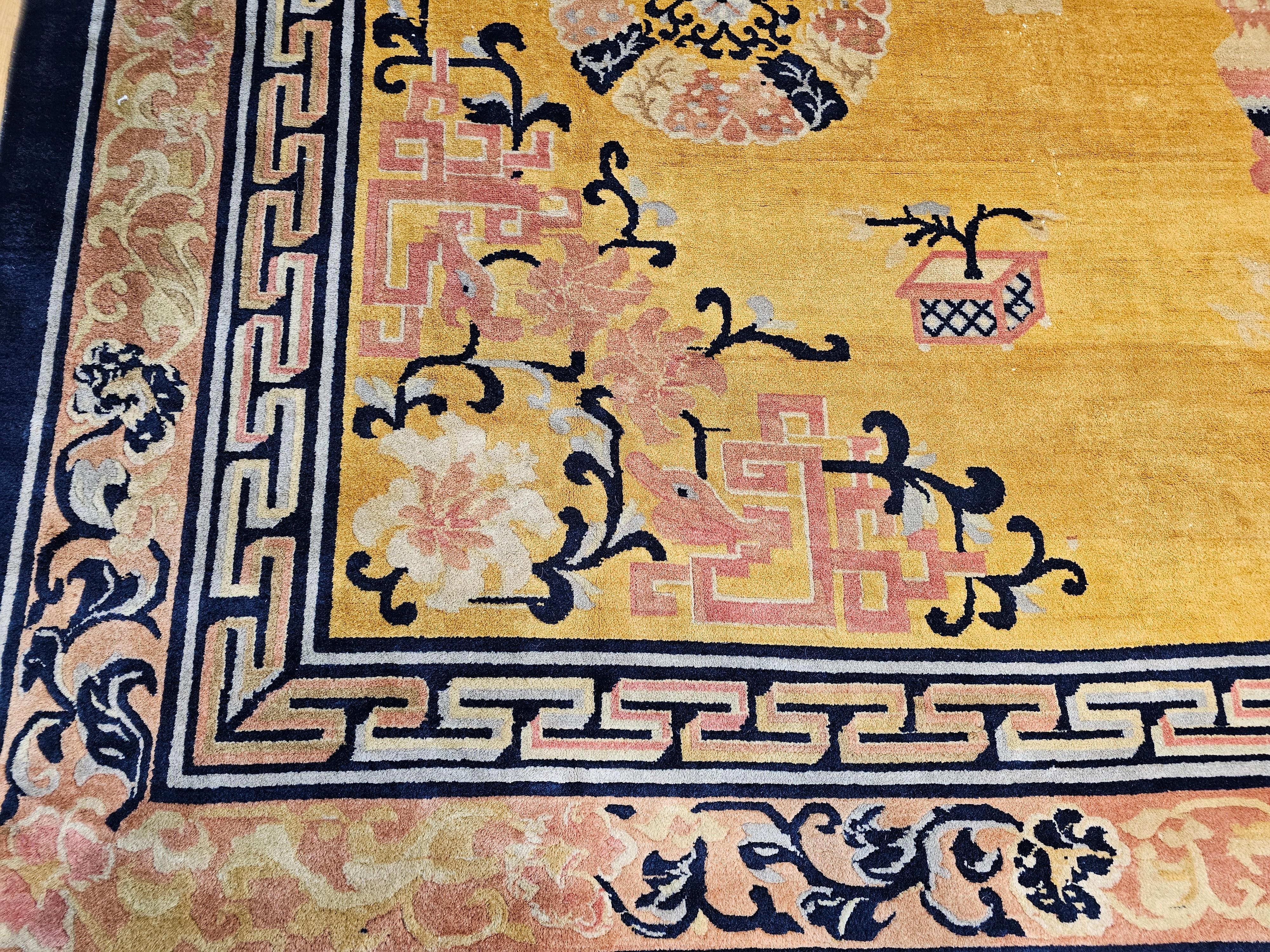 20th Century Vintage Chinese Art Deco Room Size Rug  in Pale Yellow, Pink, Baby Blue, Navy For Sale