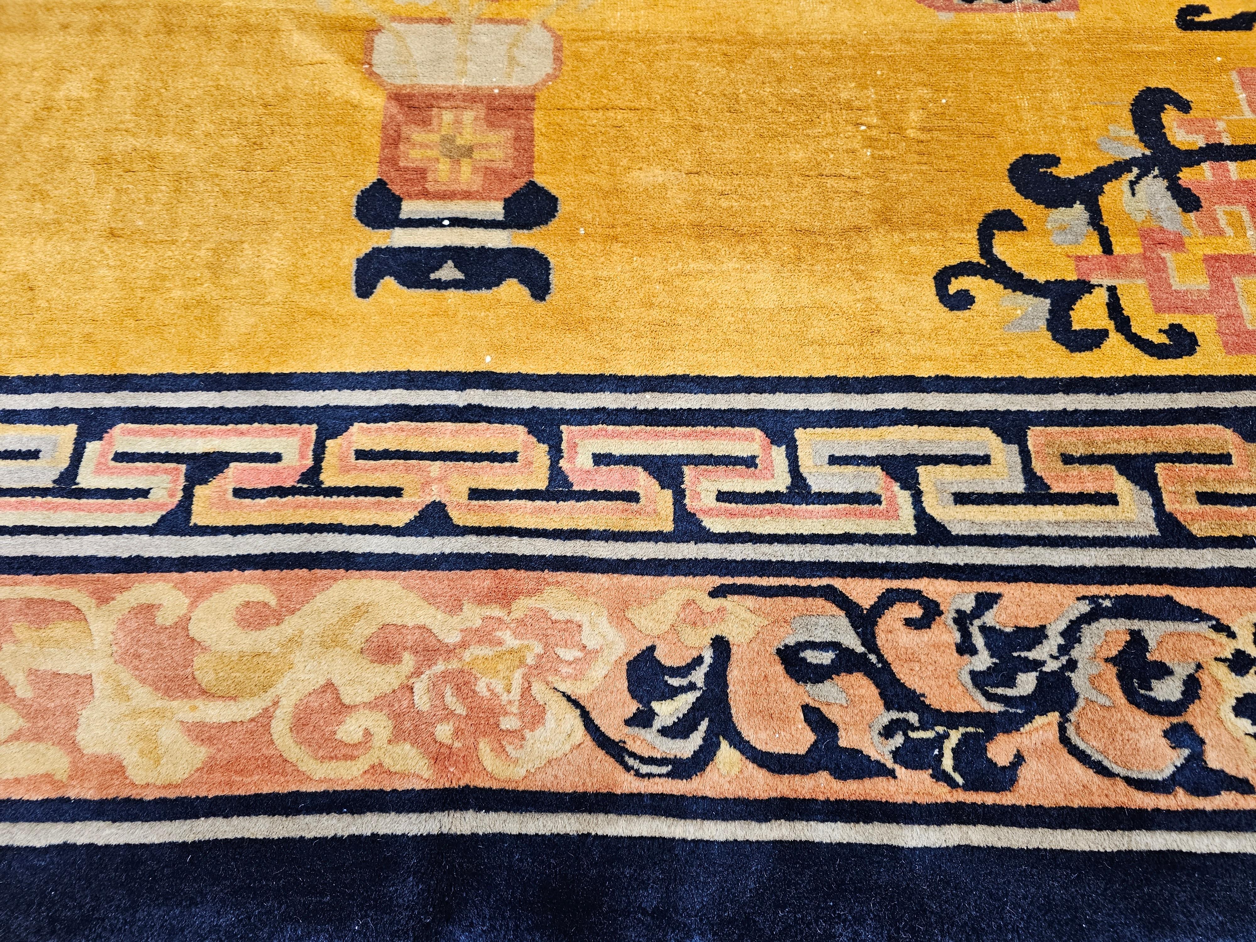 Vintage Chinese Art Deco Room Size Rug  in Pale Yellow, Pink, Baby Blue, Navy For Sale 2