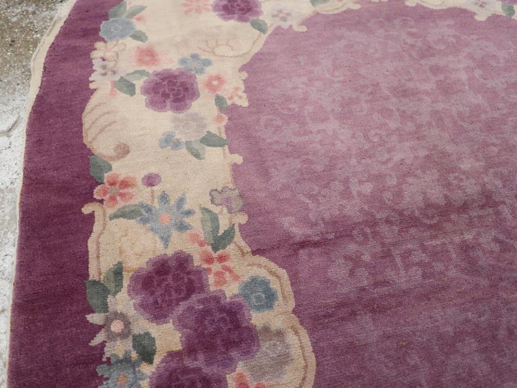 Hand-Knotted Vintage Chinese Art Deco Round Oval Accent Rug For Sale