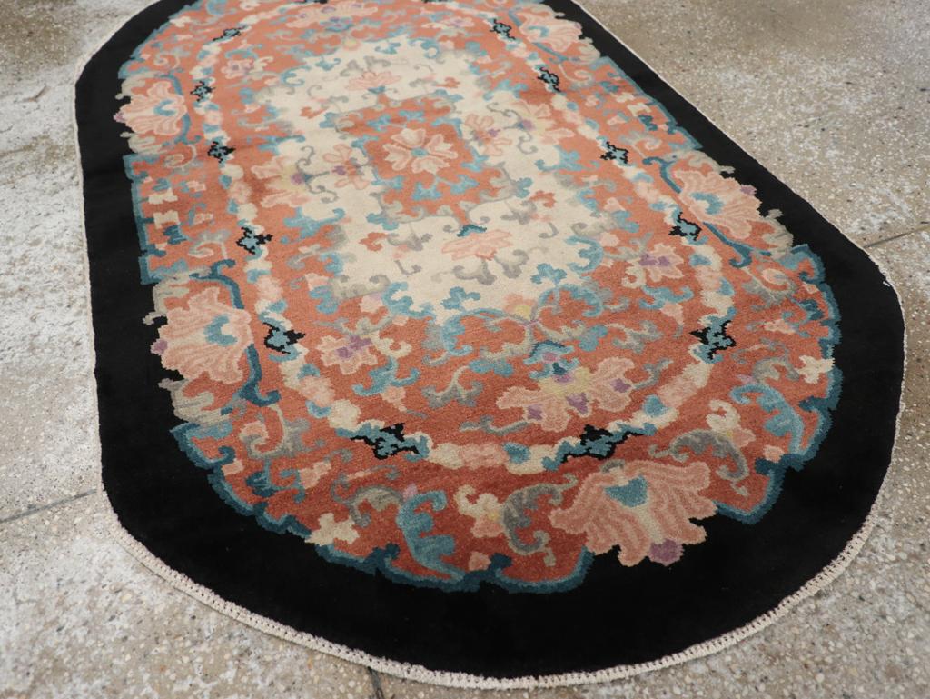 Wool Vintage Chinese Art Deco Round Oval Accent Rug For Sale