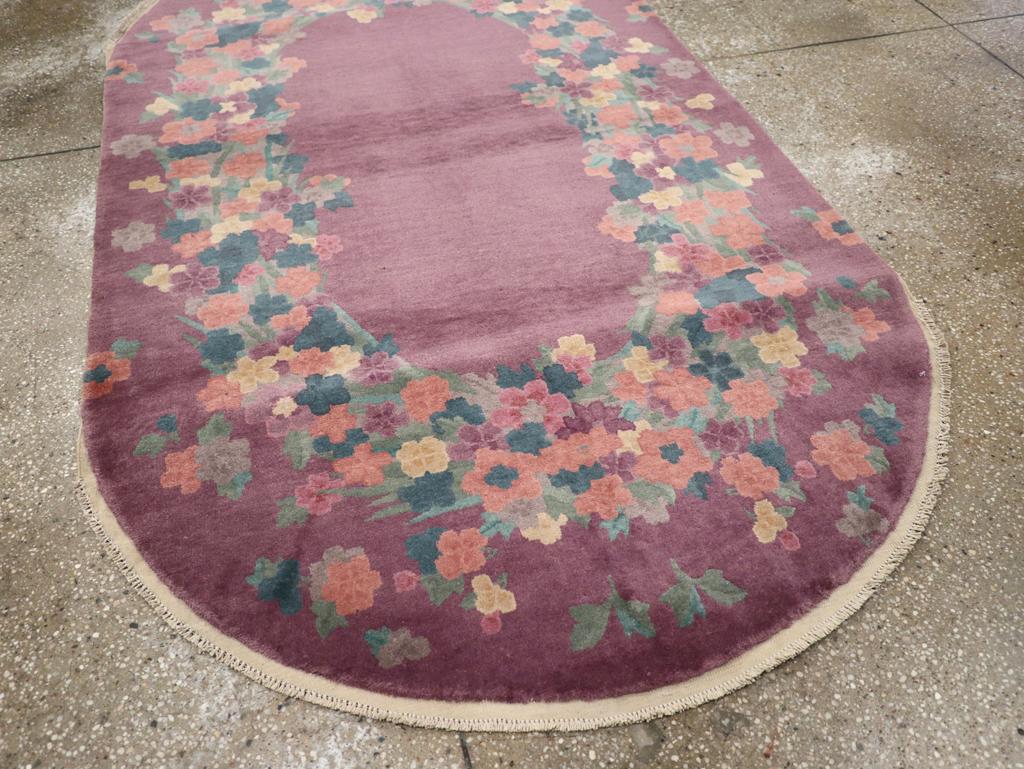 Wool Vintage Chinese Art Deco Round Oval Accent Rug For Sale