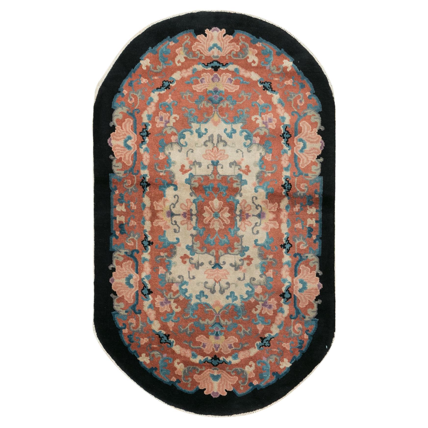 Vintage Chinese Art Deco Round Oval Accent Rug For Sale