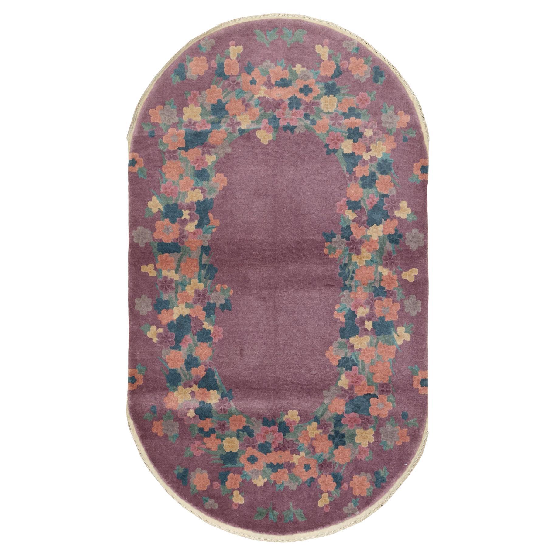 Vintage Chinese Art Deco Round Oval Accent Rug