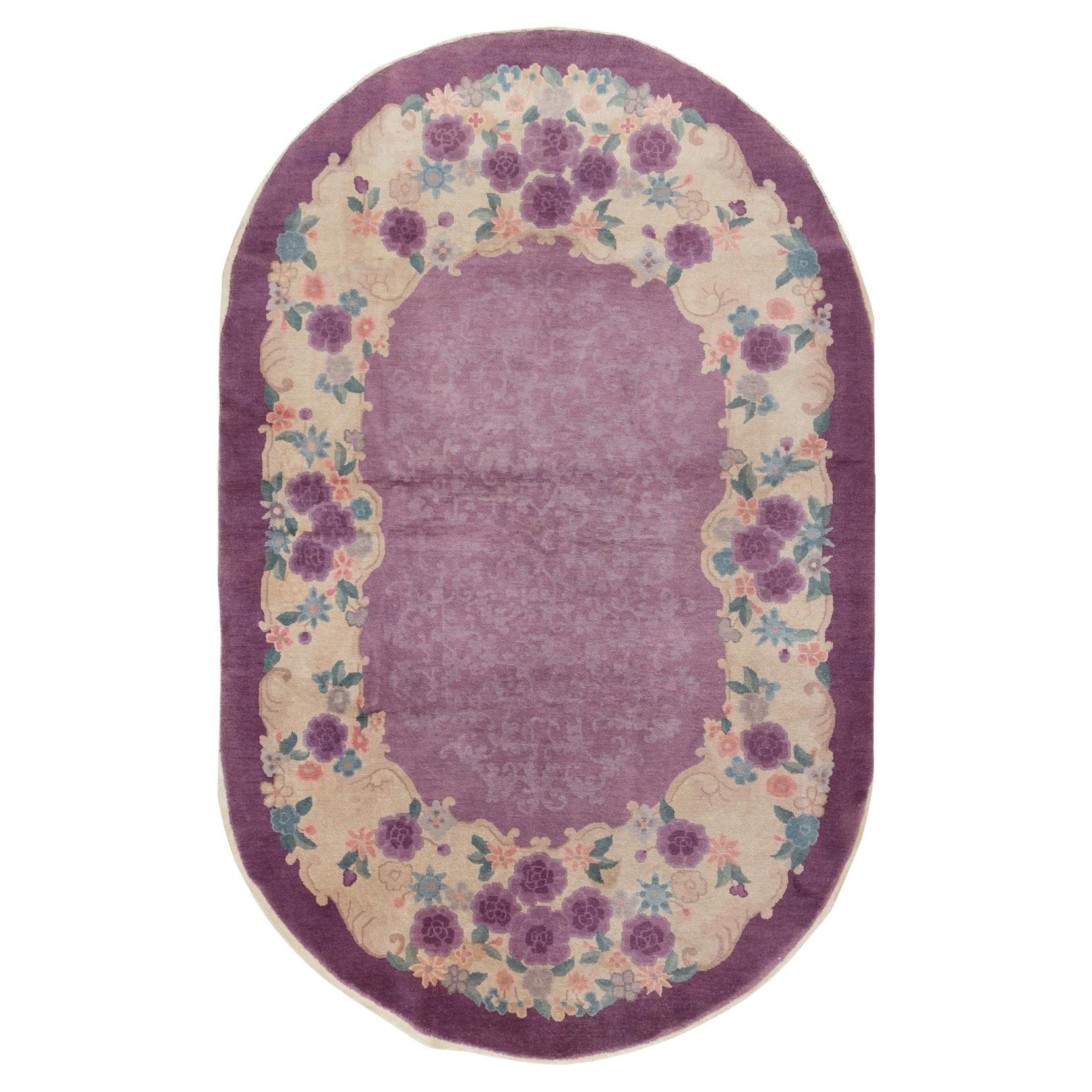 Vintage Chinese Art Deco Round Oval Accent Rug