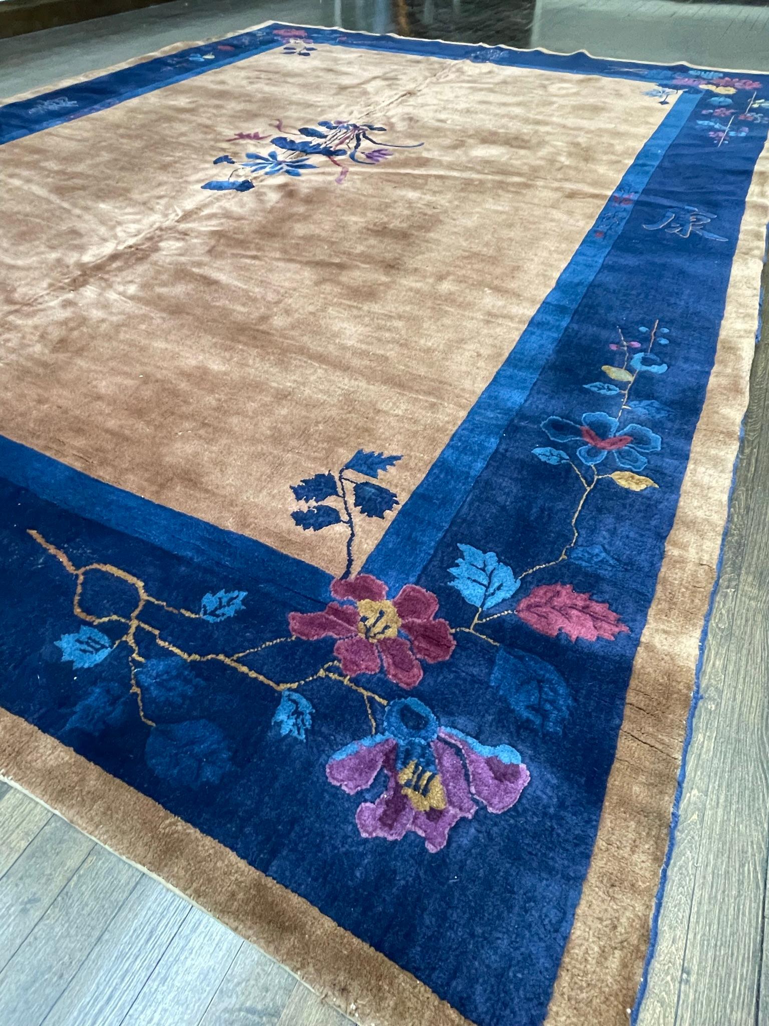 Vegetable Dyed Vintage Chinese Art Deco Rug, circa 1930 For Sale