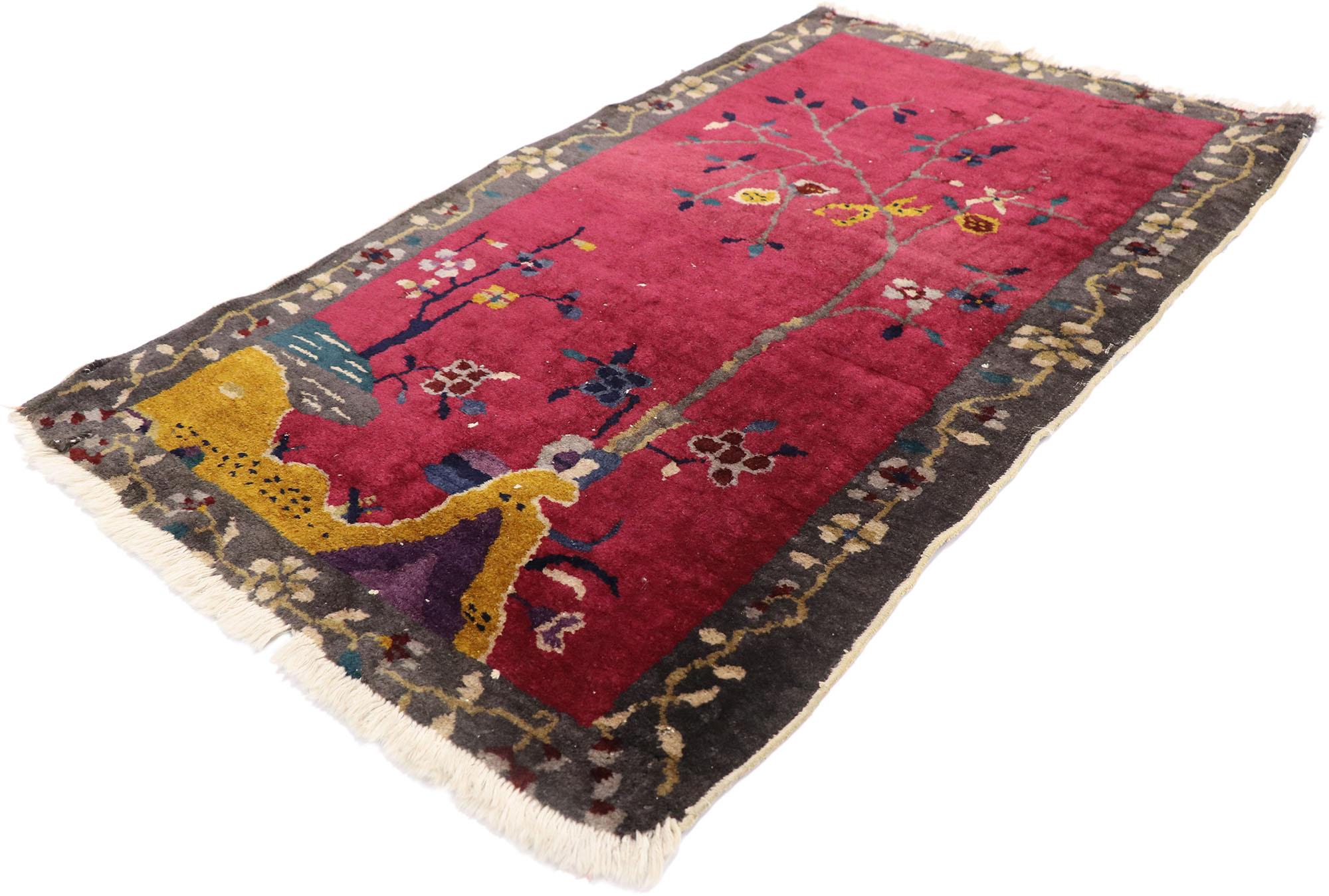 77969 Vintage Chinese Art Deco Rug, 02'02 x 03'09. This hand knotted wool vintage Chinese Art Deco rug exudes a captivating allure, epitomizing the opulent aesthetic of maximalist style with its indulgent textures and sensual decadence. Through its