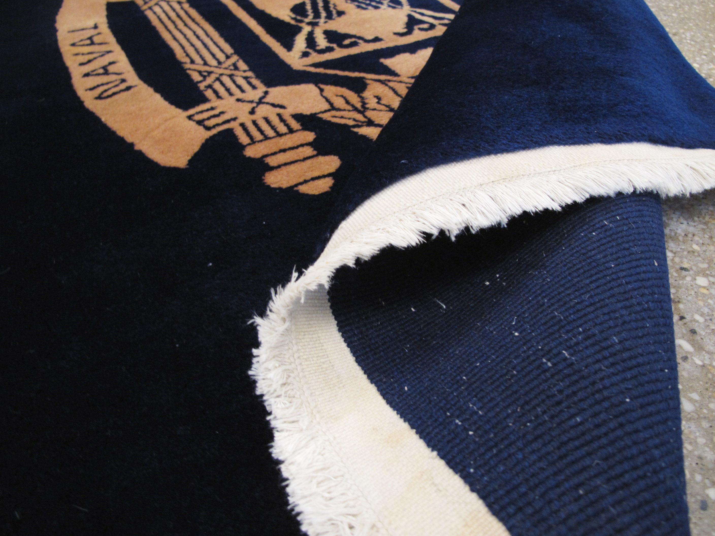Hand-Knotted Midcentury Handmade United States Naval Academy Rug in Navy Blue