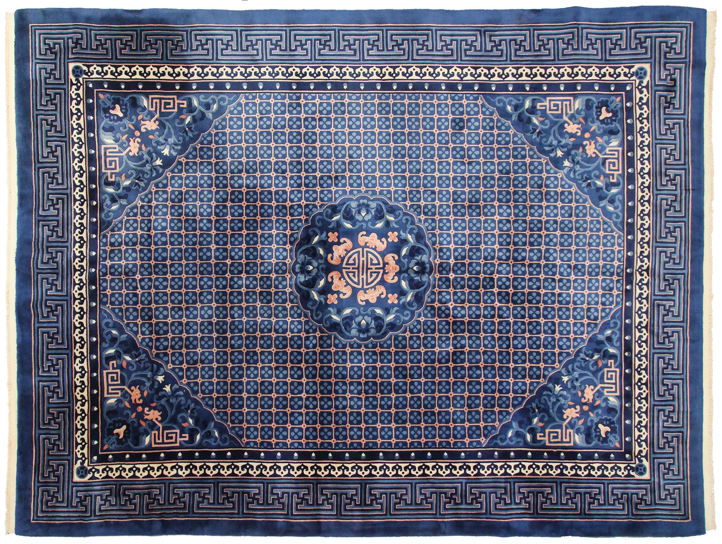 Chinesischer Vintage-Art-Déco-Teppich mit geometrischen chinesischen Teppichen, 1960 (Mitte des 20. Jahrhunderts) im Angebot