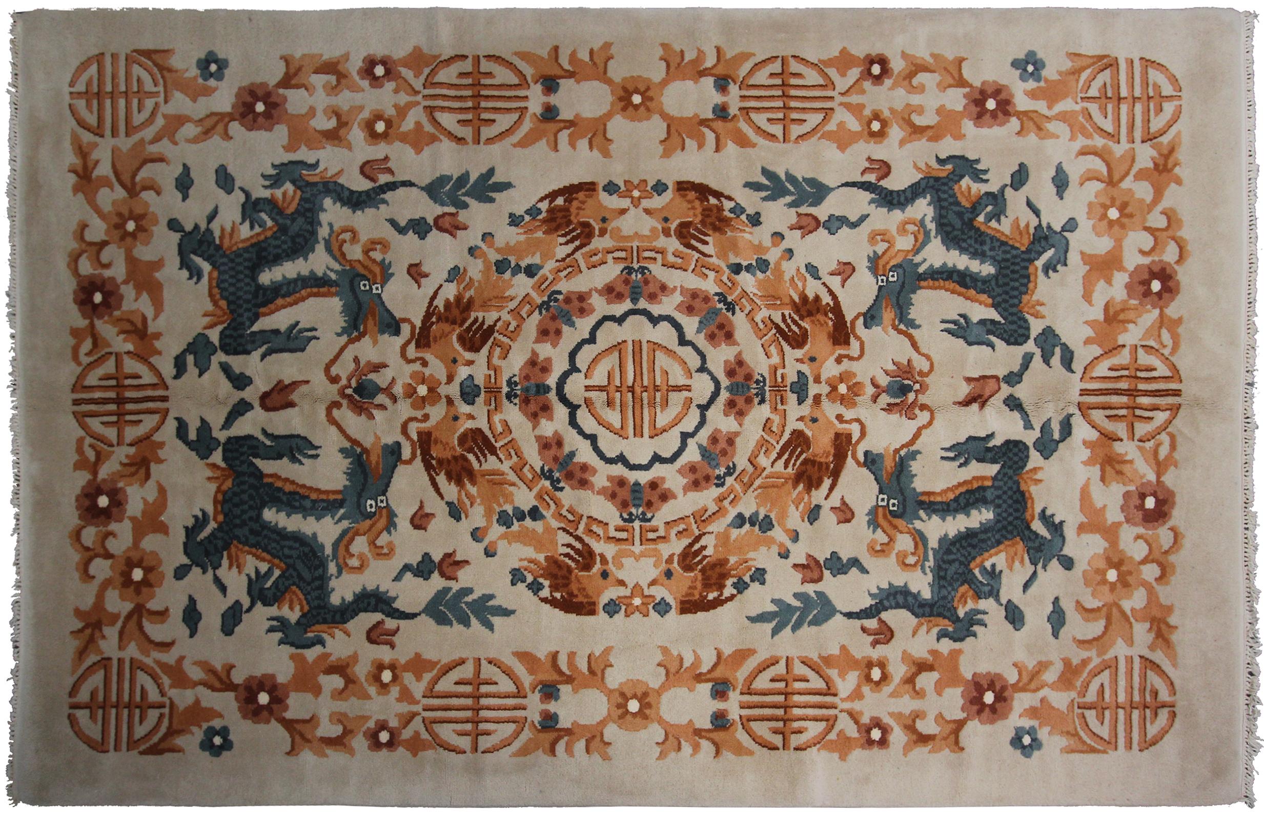 Vintage Art Deco rug 9x12 Dragons Chinese rug Ivory Rug 6x9 Chinese Rug

1960

5'10
