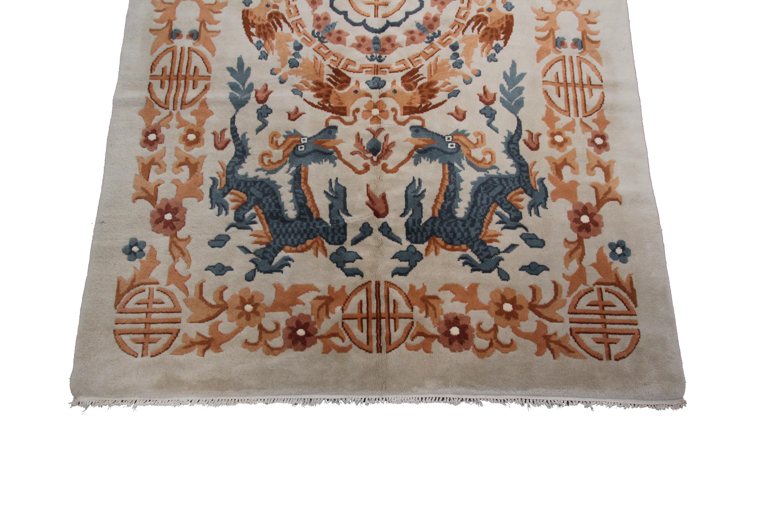 Hand-Knotted Vintage Chinese Art Deco Rug Geometric Chinese Rug Dragons 1960 For Sale