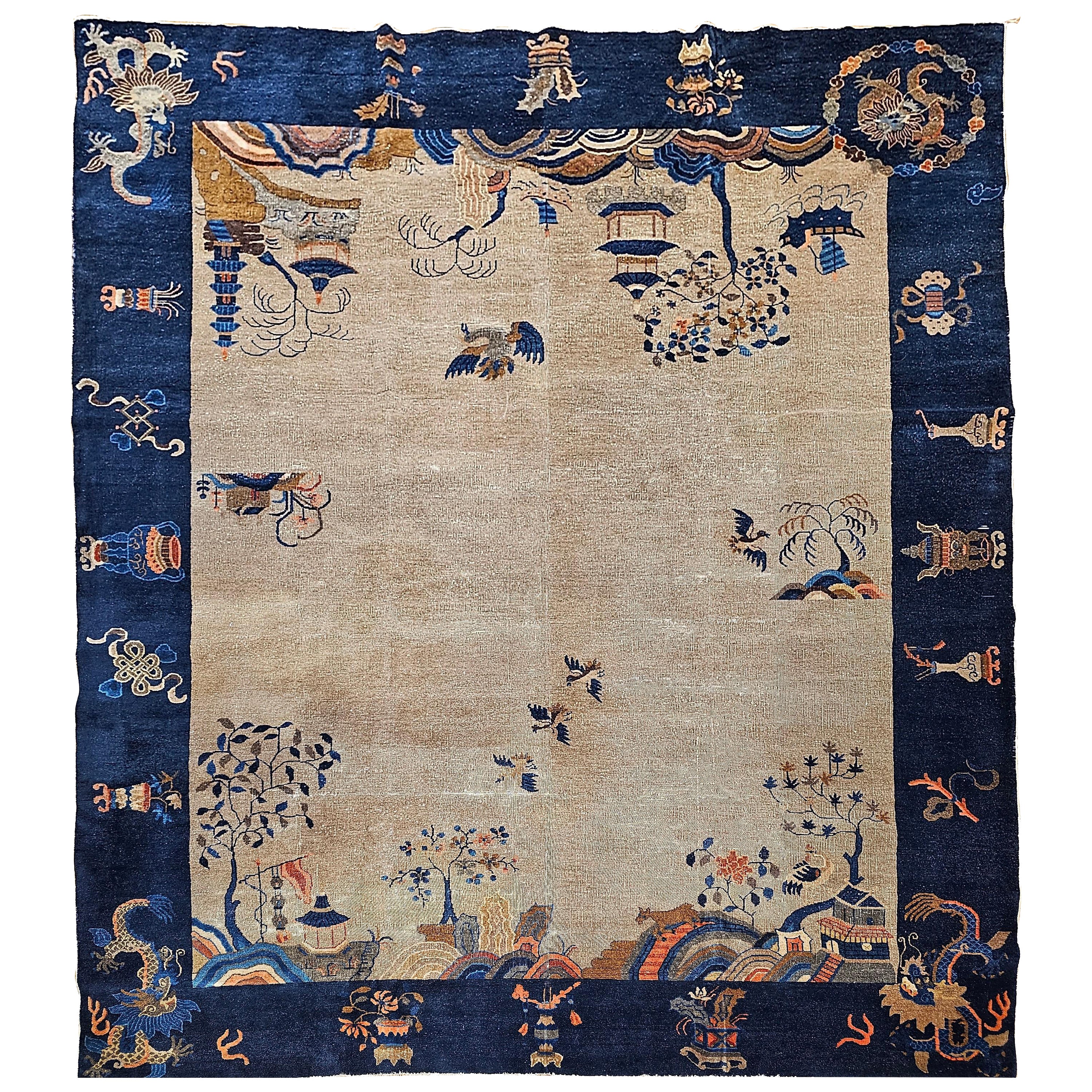Vintage Chinese Art Deco Rug, Hand-Knotted Wool, Four Dragons Design, 9' x 12'