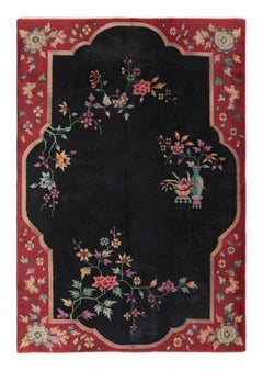 Tappeto vintage cinese Art Deco rosso e nero con motivi floreali - Rug & Kilim