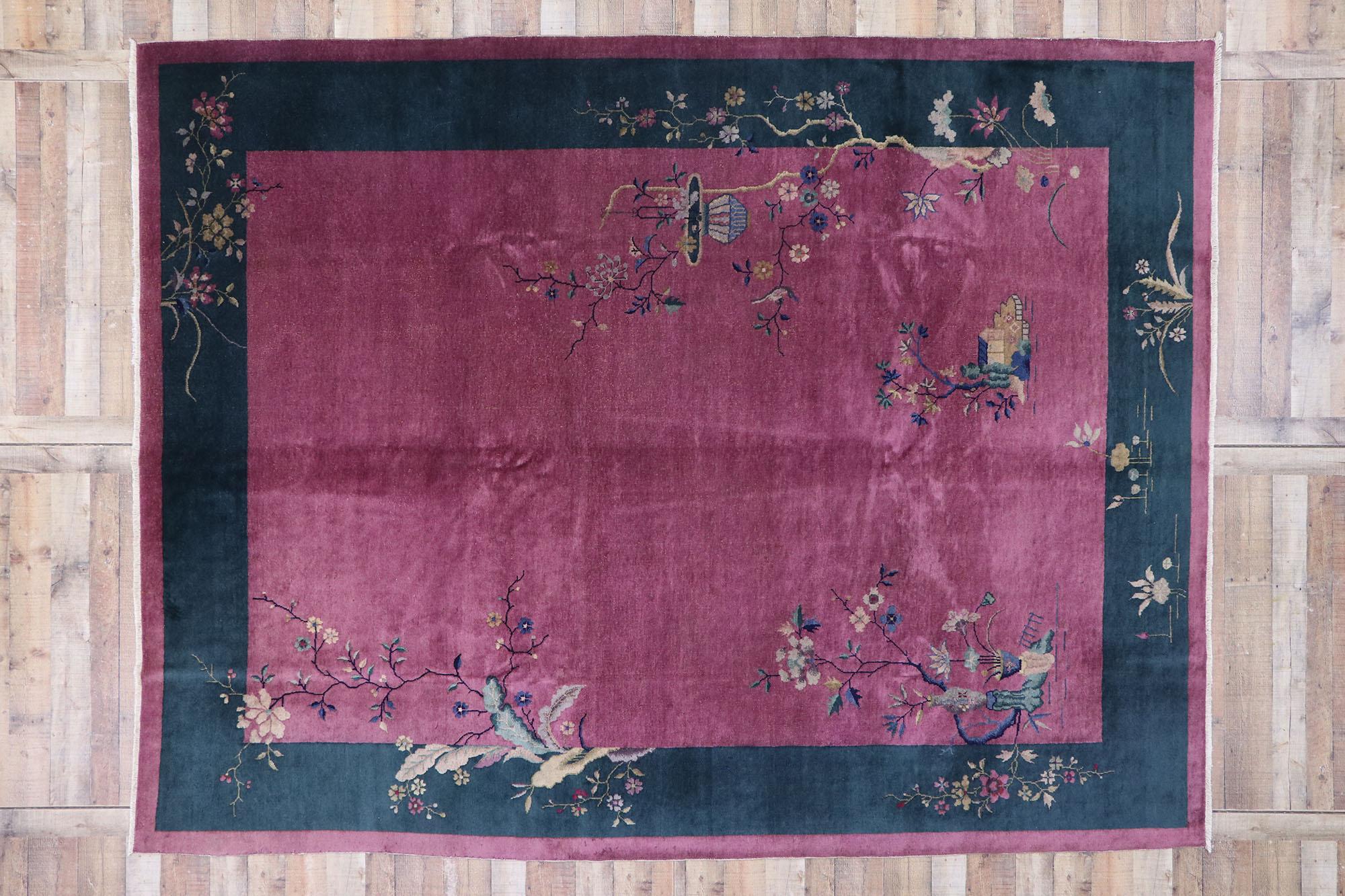 Wool Antique Chinese Art Deco Rug Inspired by Walter Nichols For Sale