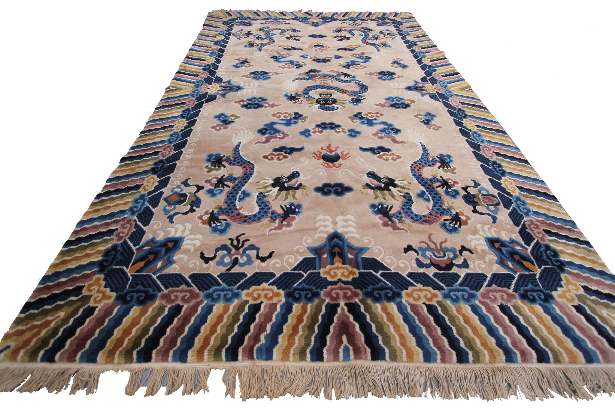 Chinesischer antiker Art-Déco-Teppich im Vintage-Stil, Chinesischer Art-Déco-Teppich, Baum des Lebens, Peking im Angebot 5