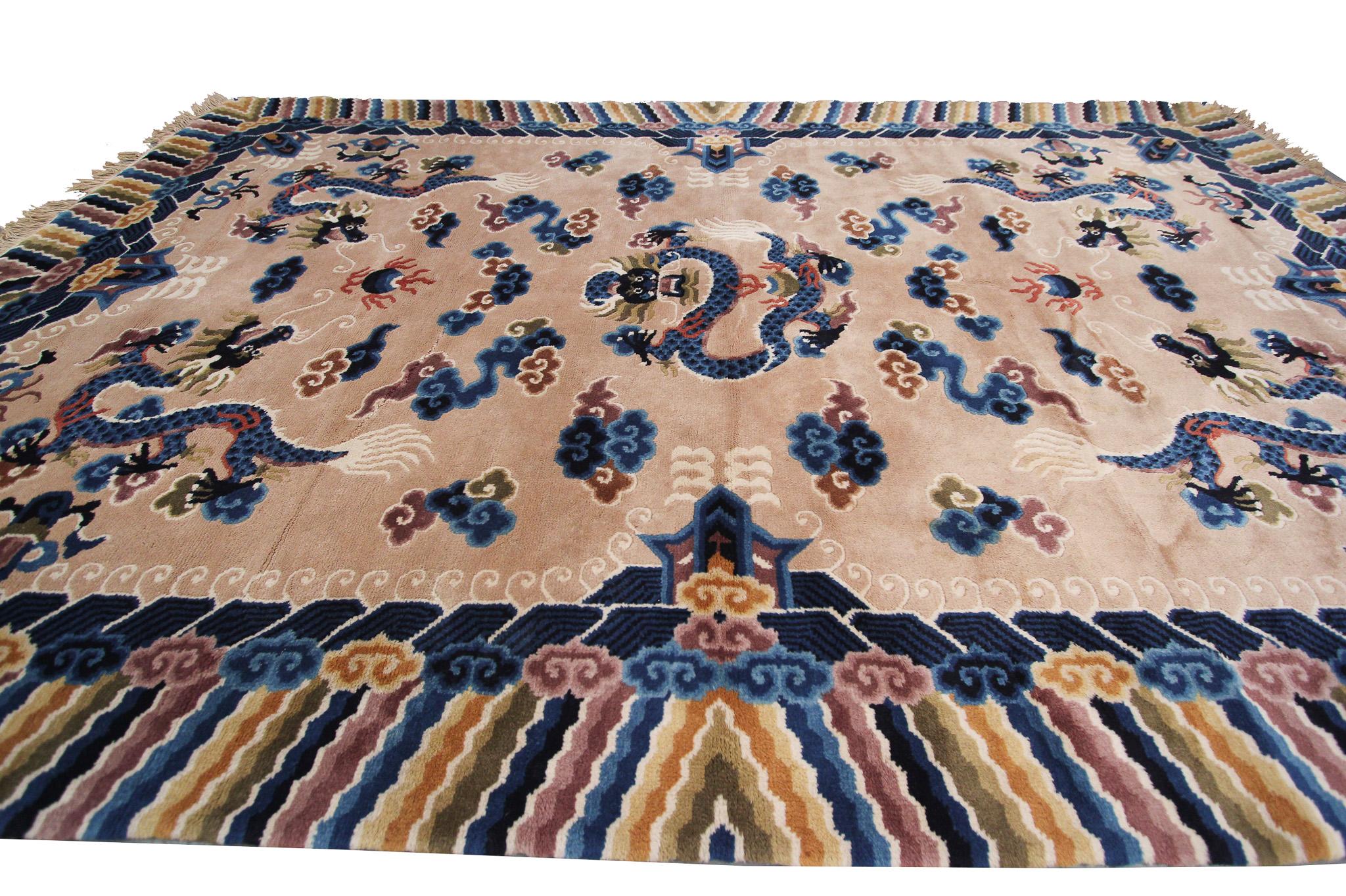 Chinesischer antiker Art-Déco-Teppich im Vintage-Stil, Chinesischer Art-Déco-Teppich, Baum des Lebens, Peking (Handgeknüpft) im Angebot