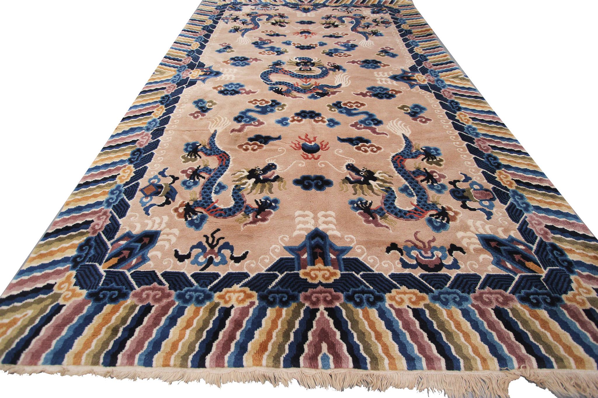 Wool Vintage Chinese Art Deco Rug Tree of Life Antique Art Deco Rug Dragon Peking For Sale