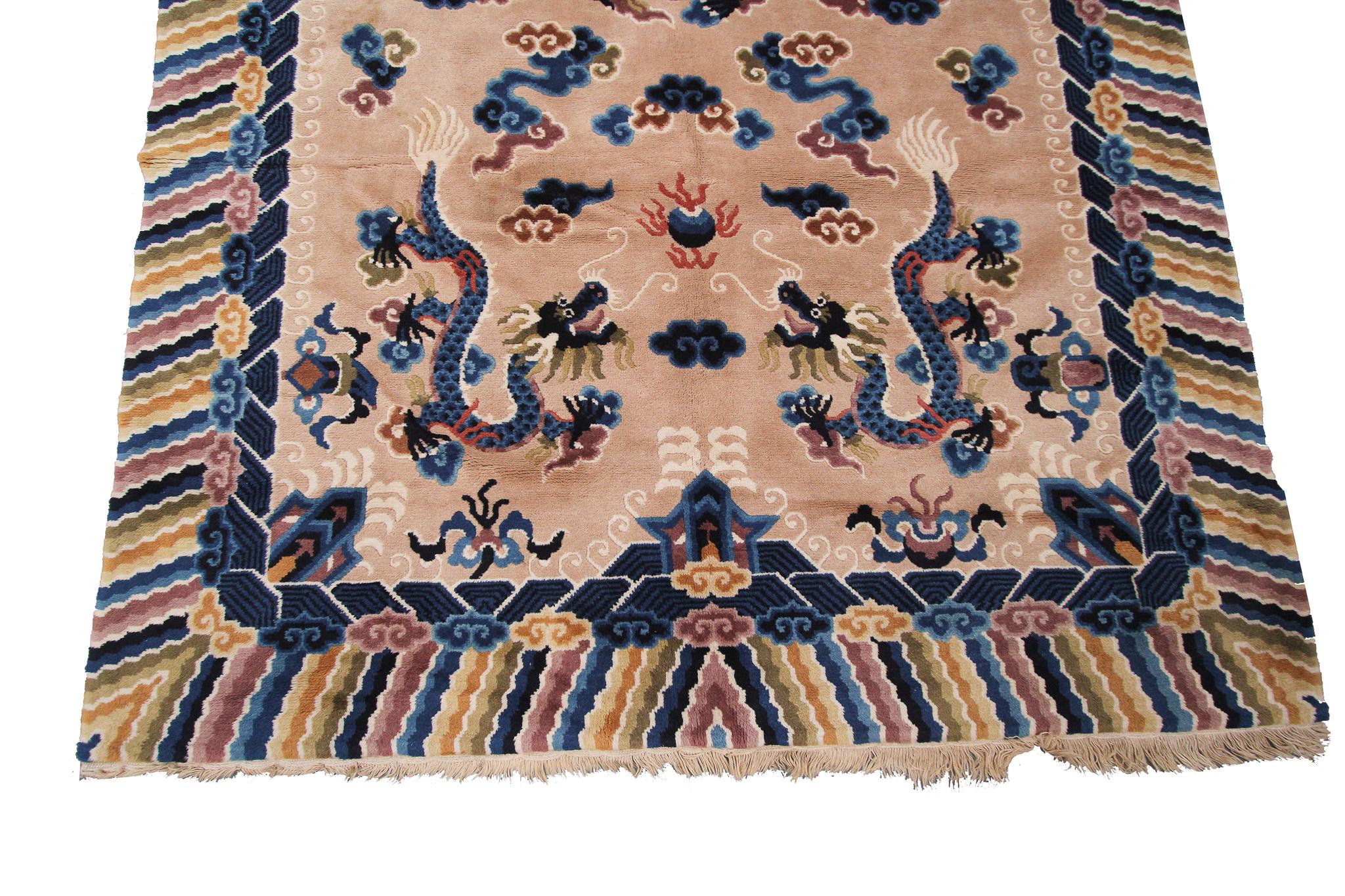 Chinesischer antiker Art-Déco-Teppich im Vintage-Stil, Chinesischer Art-Déco-Teppich, Baum des Lebens, Peking im Angebot 1