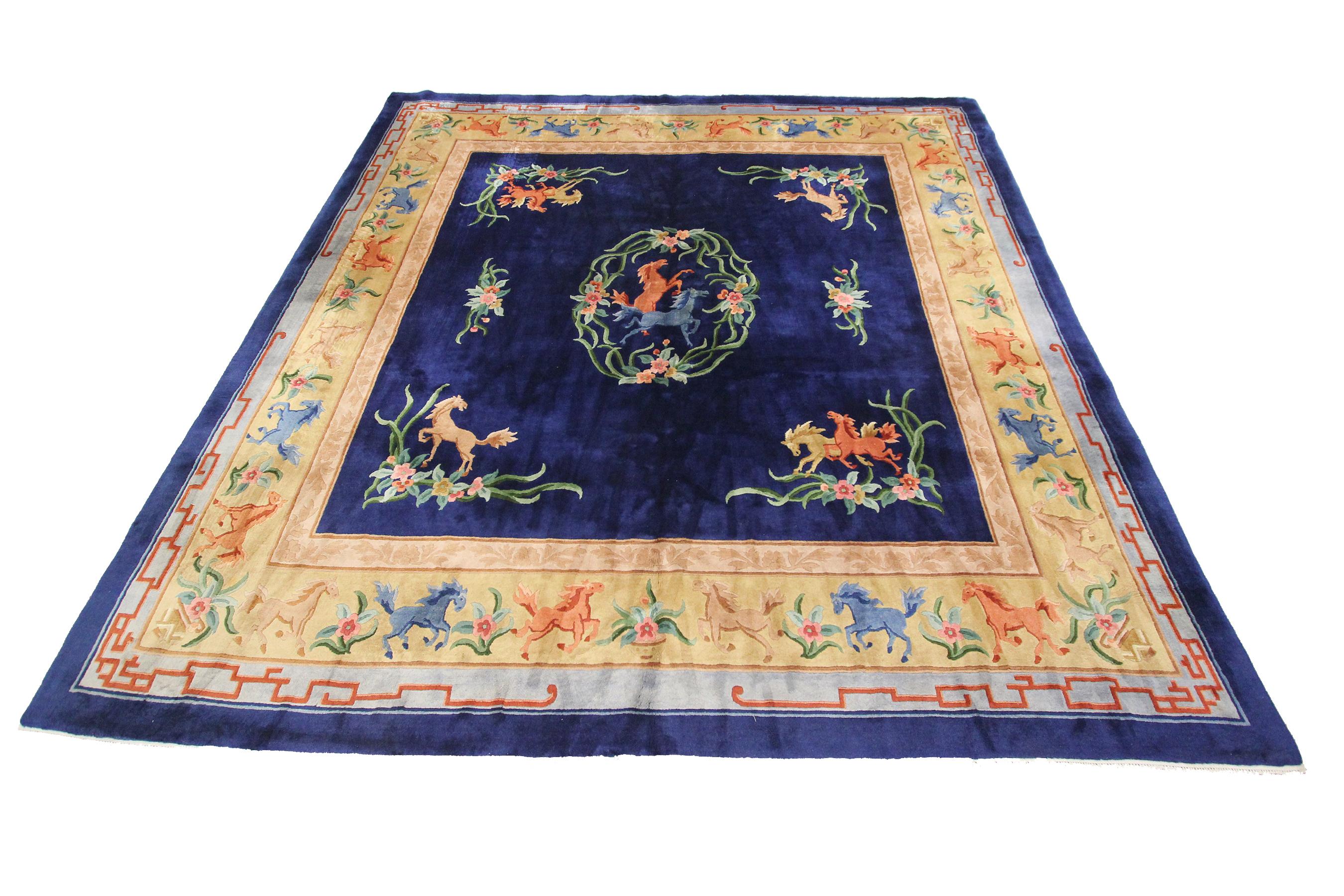 Rare antique Art Deco rug antique Chinese rug square rare horse design

10' x 10'3