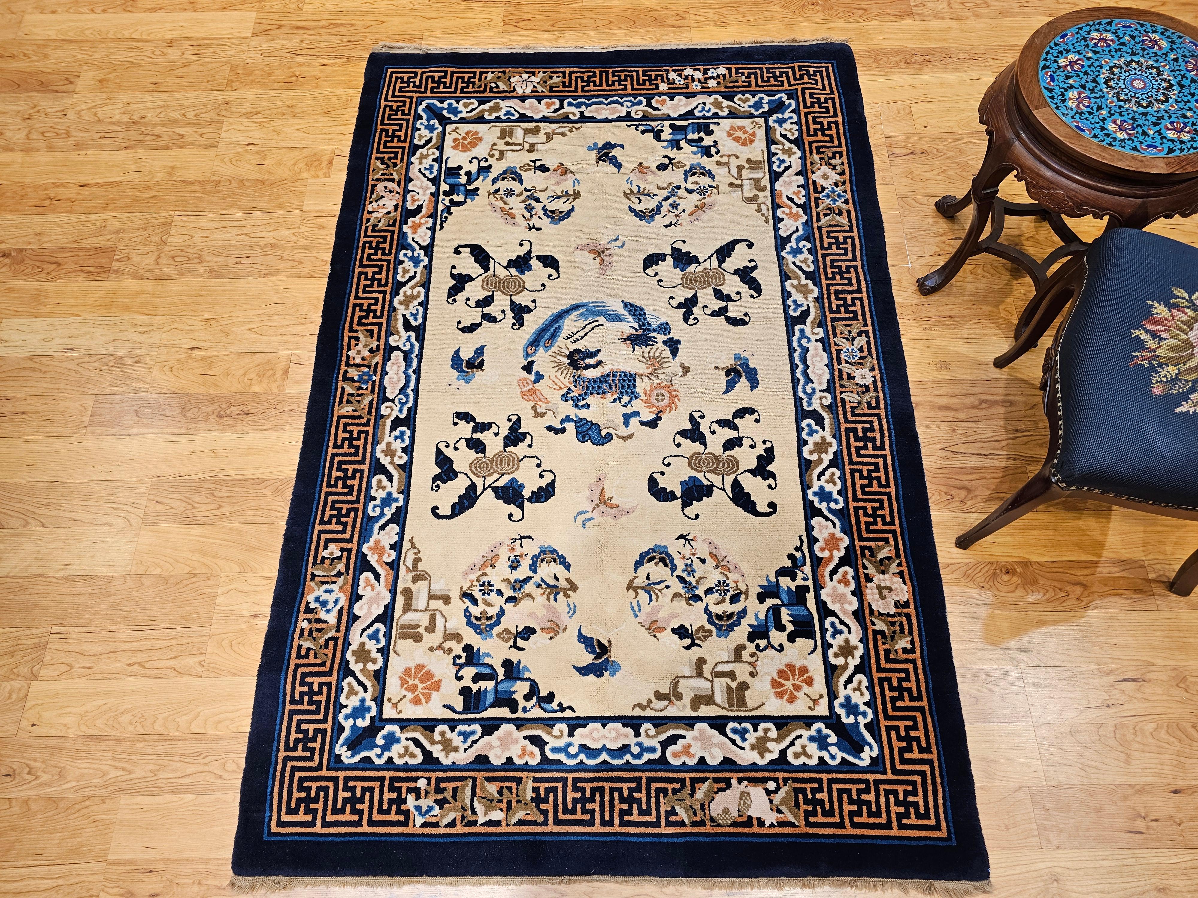 Vintage Chinese Art Deco Rug with Qulin and Phoenix in Navy, Blue, Ivory, Brown For Sale 4