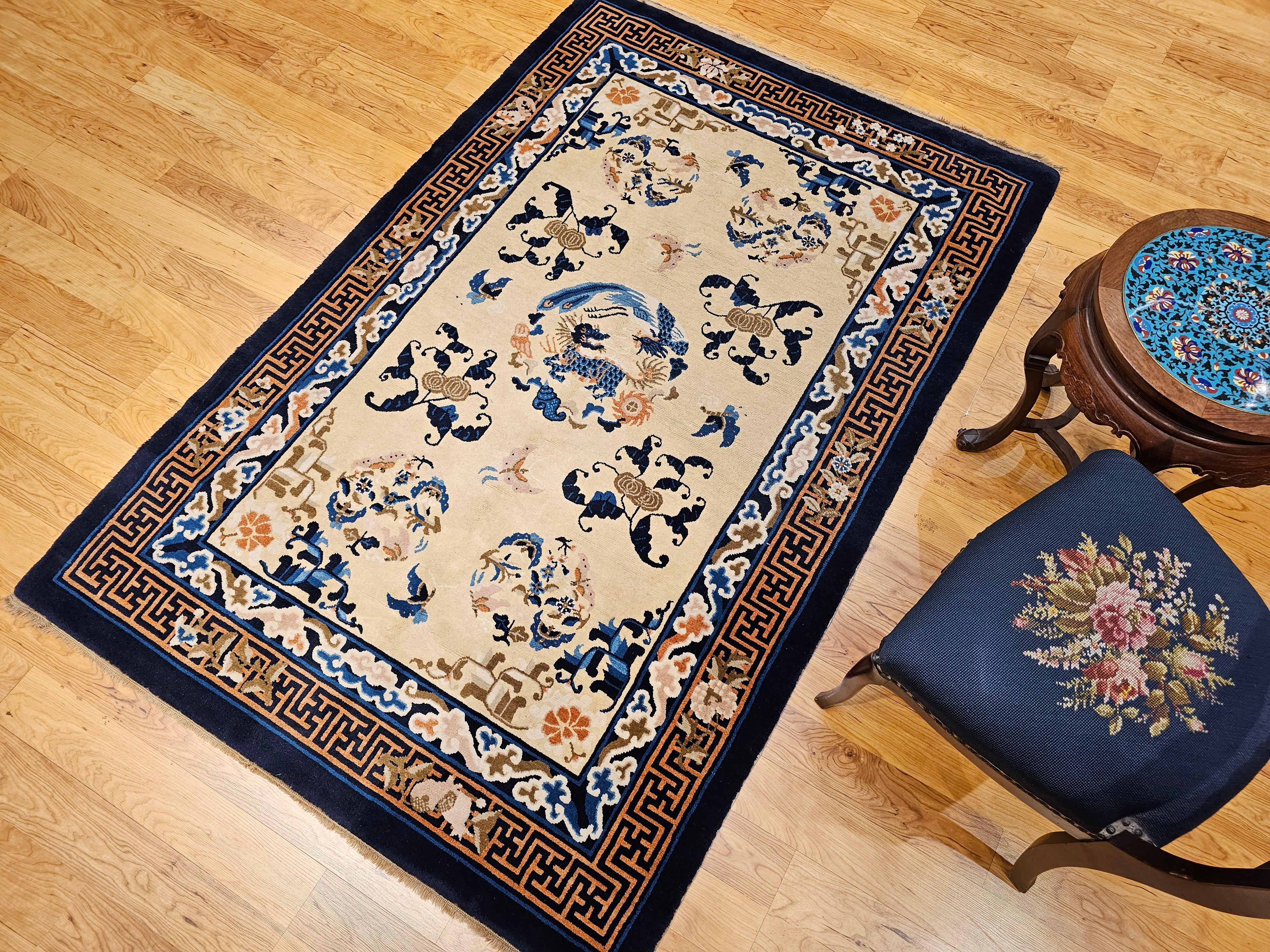 Vintage Chinese Art Deco Rug with Qulin and Phoenix in Navy, Blue, Ivory, Brown For Sale 5