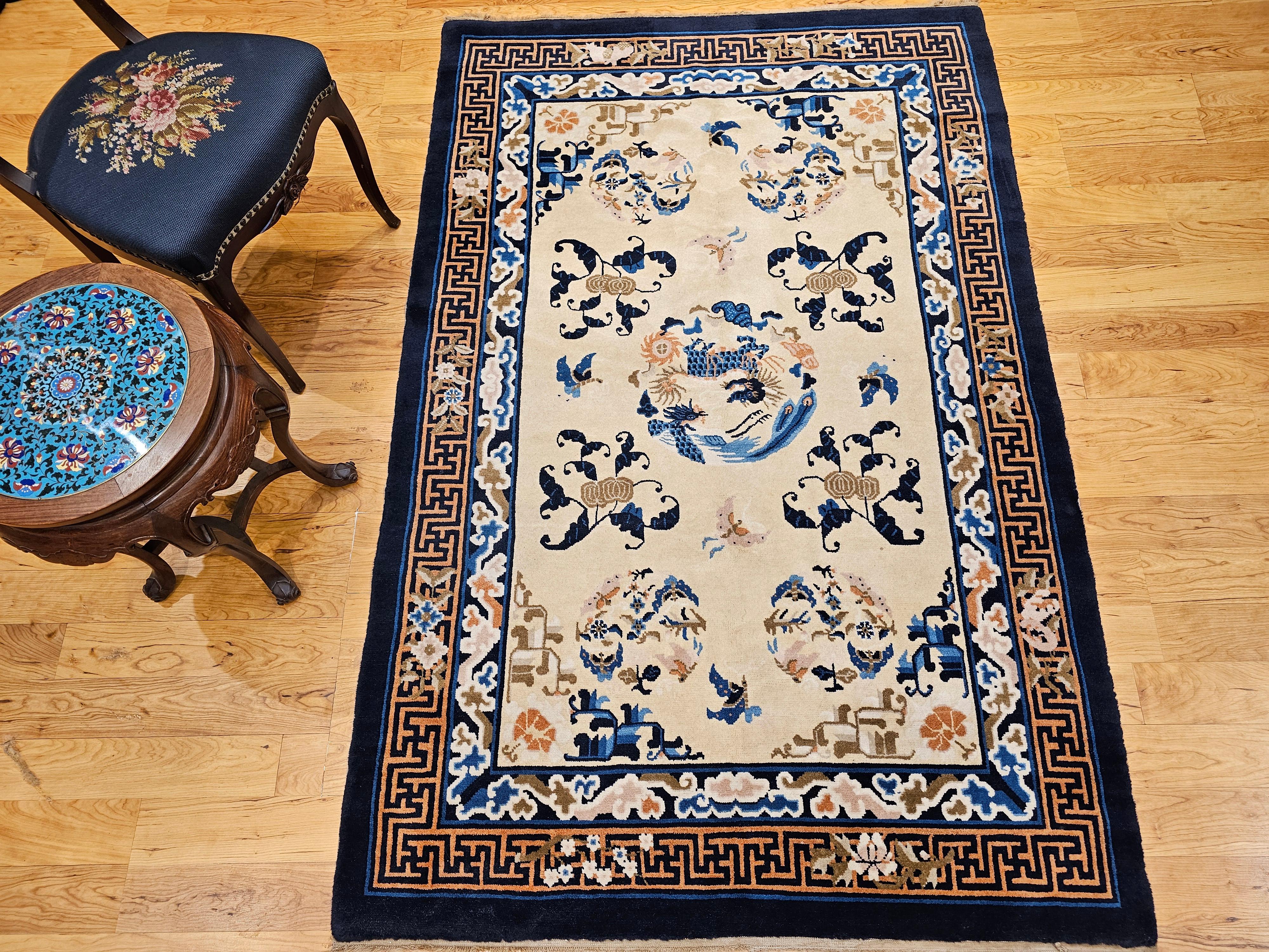 Vintage Chinese Art Deco Rug with Qulin and Phoenix in Navy, Blue, Ivory, Brown For Sale 7